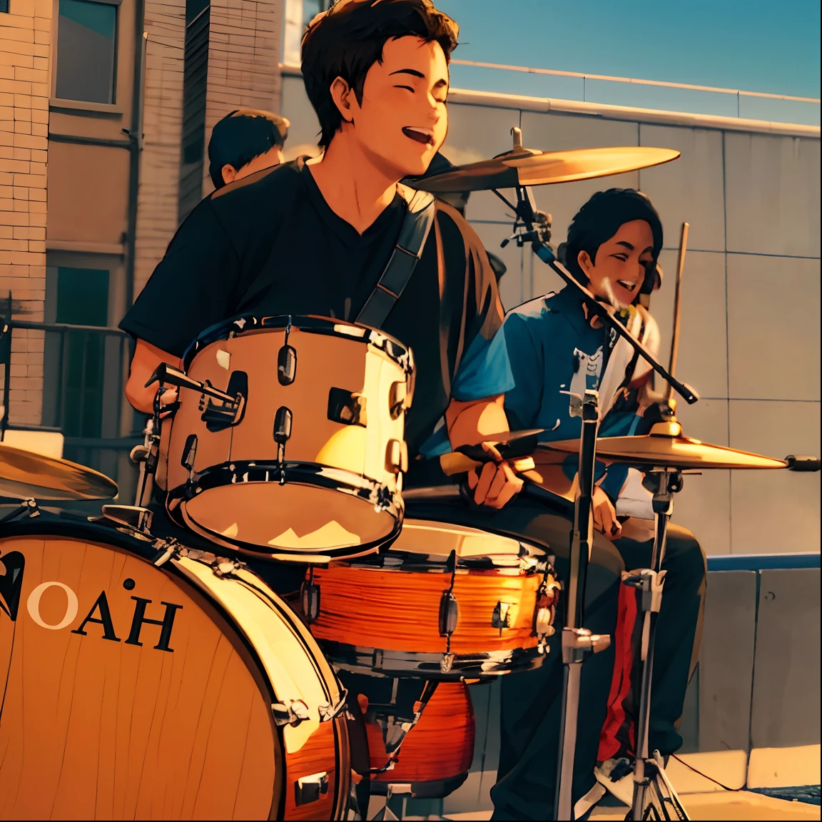 Arafed Man Playing Drums With Children Sitting On The Side Of A Building, tocando bateria, baterista, banda tocando, bateria, jamming to music, Directed by: rocking out, Banda Eloy, Capturado no iPhone, album photo, he is a rockstar