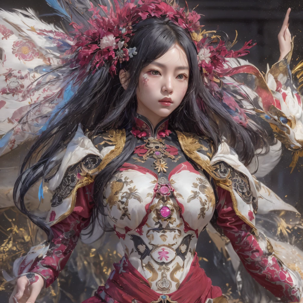 （（Red and white mech girl））National wind circle，Flying nine-tailed fat skull flame ethereal toad star，Golden-black damask white rabbit fur bra，Fuchsia pink diamonds, Tulle burgundy diamond shin guard，CG ，Light orange full set of thick mechs，Giant，, Realistic secret girl rendering, detailed face of a asian girl, Reality in the secret world, Smooth CG art, Realistic. Cheng Yi, Realistic secret style, A lovely secret rendering, 8K portrait rendering, Render character art 8 K, Kawaii realistic portrait，Golden-black damask white rabbit fur bra，Fuchsia pink diamonds, Tulle burgundy diamond shin guard((ultra real detailed.mecha-girl)Mink cotton suit mech，Bright blue and white feathers gold silk shoulder pads，Shi Zhong Huhu female Taoist，Tailfire，Tattooed with，Genius ratio，Silicone texture，Short bright purple hair，3D modeling，4K,8K,16K smooth (Masterpiece, Top quality, Best quality, offcial art, Beauty and aesthetics: 1.2), Very detailed, Colorful, Most detailed, branches,mecha-girl, （Mards）mecha-girl（canyons）， （Linen future mech girl）， Angry fighting stance， looking at the ground， Batik linen bandana， Crane pattern long sleeve garment，Mecha Maiden Canyon（Abstract propylene splash：1.2）， Dark clouds lightning background，Sprinkle with golden mech girl powder（realisticlying：1.4），Black color hair，Flour fluttering，rainbow background， A high resolution， the detail， RAW photogr， Sharp Re， Nikon D850 Film Stock Photo by Jefferies Lee 4 Kodak Portra 400 Camera F1.6 shots, Rich colors, ultra-realistic vivid textures, Dramatic lighting, Unreal Engine Art Station Trend, cinestir 800，Flowing black hair,（（（Red and white mech girl））），Front view，Pure transparency，Wear boxing gloves，Ice is permeable to gas，Film light and shadow，Panorama ultra-wide angle，extremely happy，The texture of the real person is delicate，Strong visual impact，Hyper-detailing，Dream girl，Refined face，prettyeyes，high saturated，Wear reflective sunglasses with a thick gold thread，crystal-clear，Good interpersonal skills