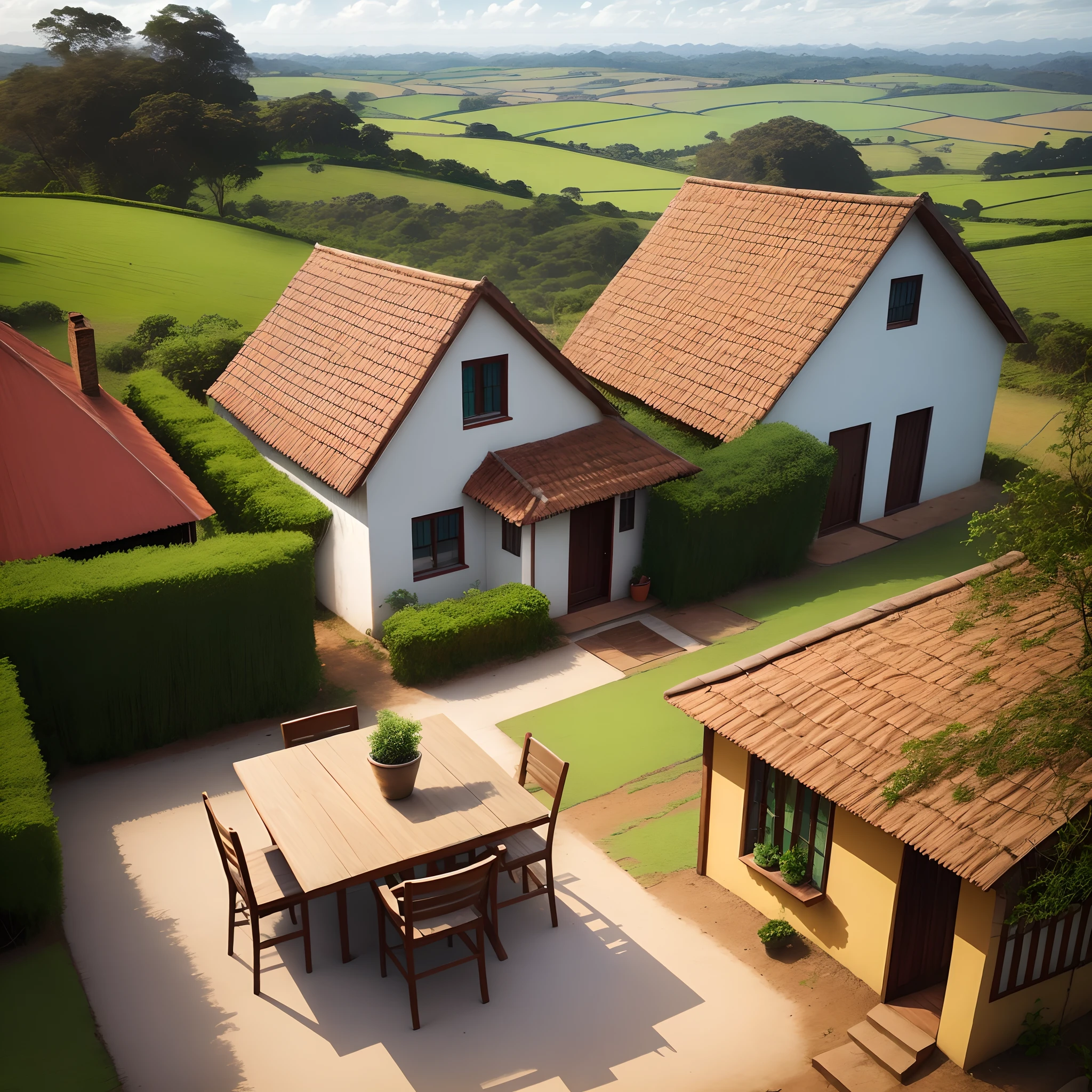 A simple house in the countryside of Brazil with people drinking coffee outside