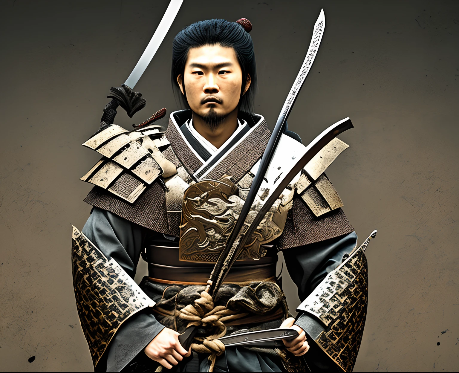 A samurai warrior carrying a sword and dagger with blood on it