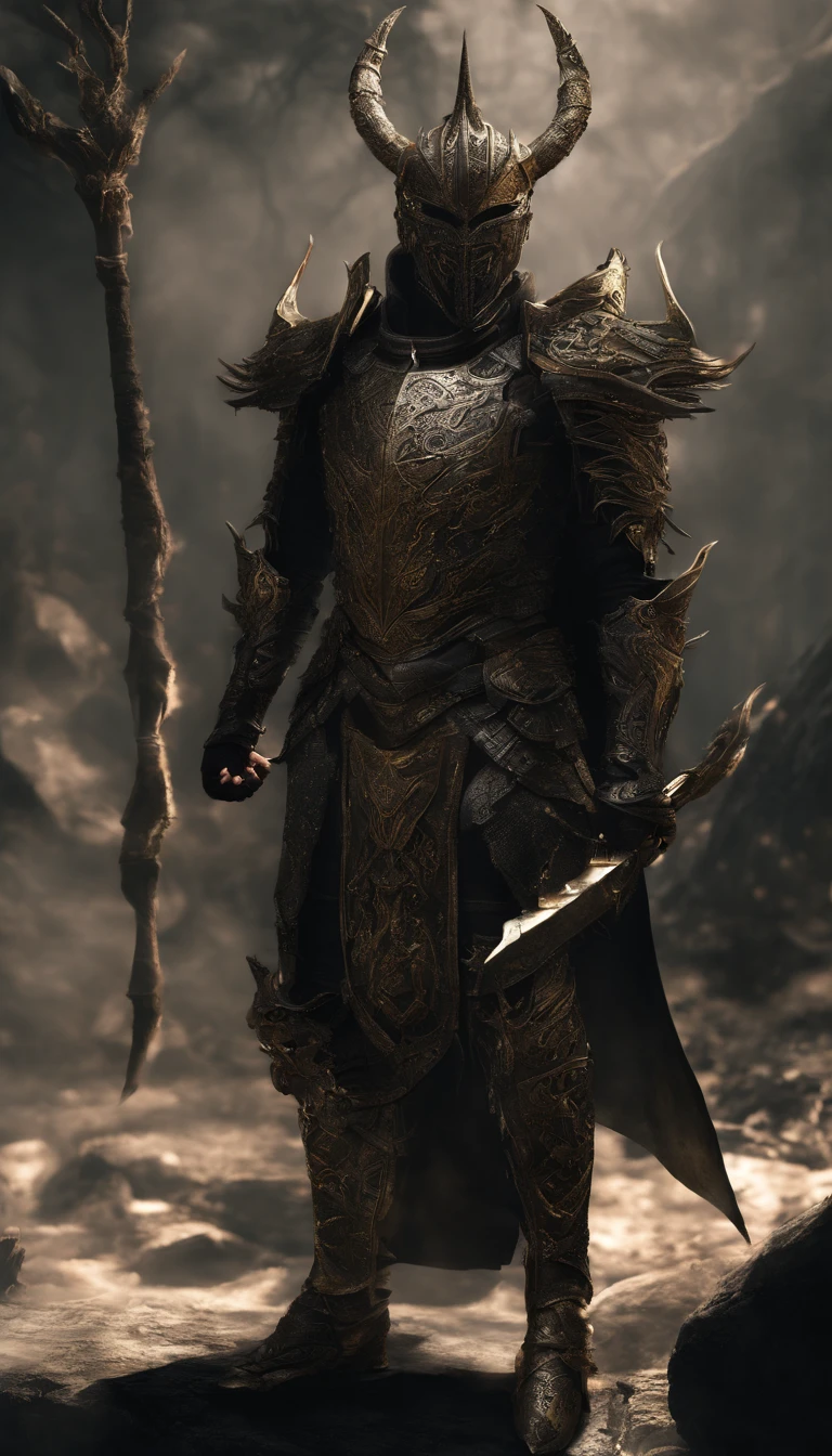 warrior, concept-art,  Fantasy art, battleground background, clean render, a horned, Wear a suit of armor, Detailed bushido form smoke, helmet of a forgotten deity, character is standing, 8k Realistic, in game render, detailed face background detail, Art station front page, taur, Pseudo-medieval fantasy, A deity wearing koi armor, detailed bronze armor, Bronze armor, golden etched armor, gold obsidian armor, Light gold armor, Gorgeous filigree armor, A demonic warrior, Gorgeous armor full of thorns, Intricate assasin armor, Intricate metal armor, powerful warrior, Dressed in gorgeous gold armor，Decorated with intricate patterns, The helmet has a large crown and two horns,Glowing red eyes， Everything is in the dark, The smoky background alludes to battle scenes, Add an ominous aura to his character，submission, Full body shot.