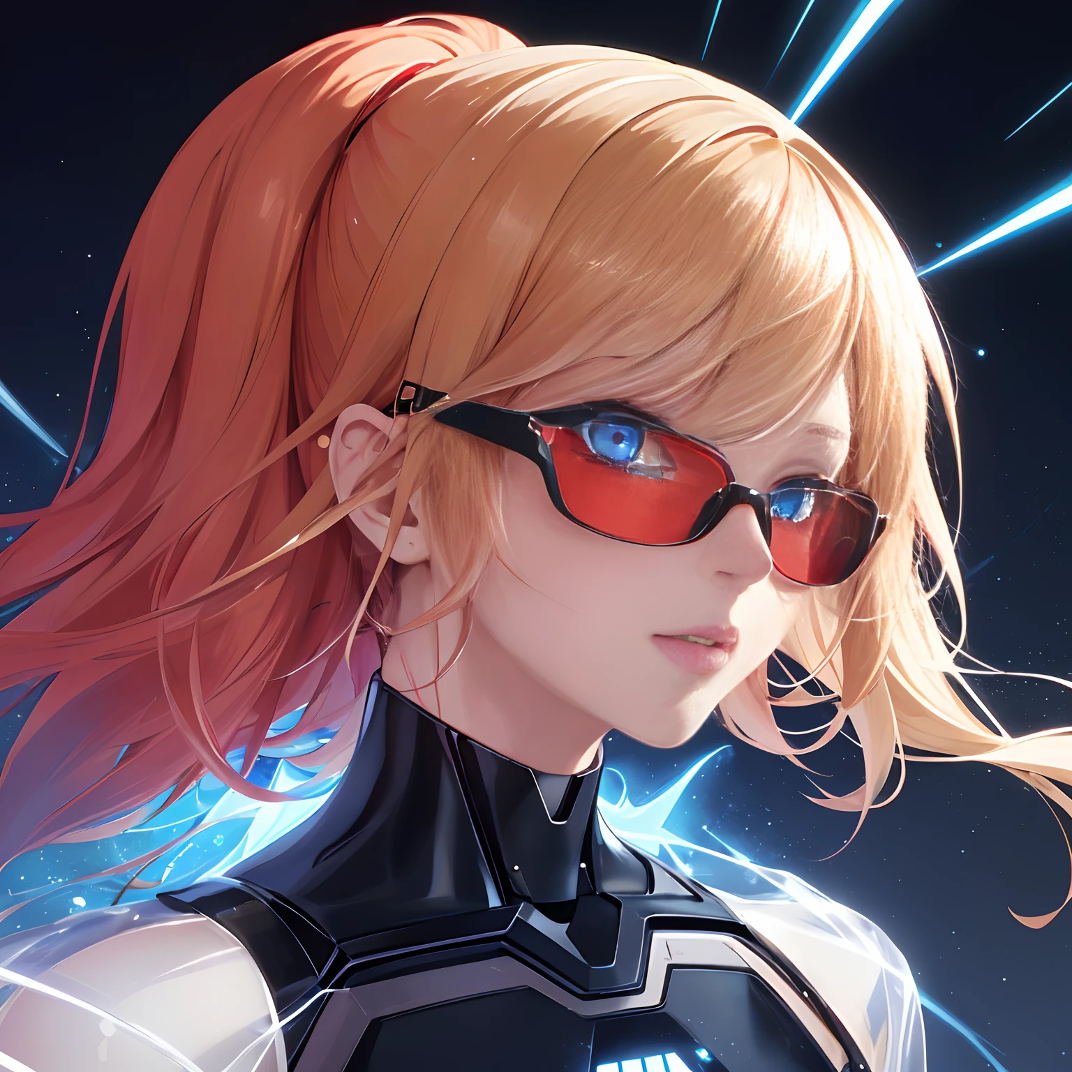 / illustration,
perspicacity,
perturbado,
Perfect Double Exposure Technique,
retrato de Juddy abade, Estilo anime ""Two-tone blonde and red hair with futuristic transparent blue glasses""
Bright Sparks
Smooth and shiny texture,