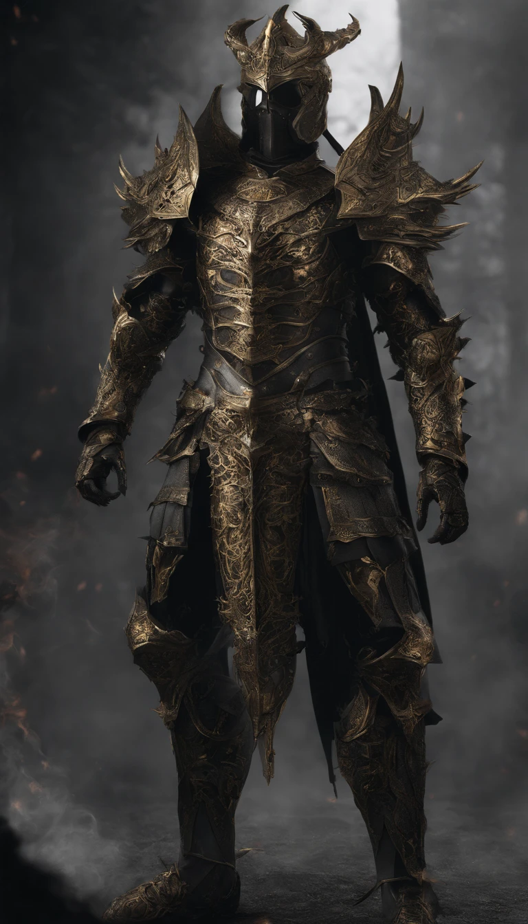 warrior, concept-art, Fantasy art, battleground background, clean render, a horned, Wear a suit of armor, Detailed bushido form smoke, helmet of a forgotten deity, character is standing, 8k Realistic, in game render, detailed face background detail, Art station front page, taur, Pseudo-medieval fantasy, A deity wearing koi armor, detailed bronze armor, Bronze armor, golden etched armor, gold obsidian armor, Light gold armor, Gorgeous filigree armor, A demonic warrior, Gorgeous armor full of thorns, Intricate assasin armor, Intricate metal armor, powerful warrior, Dressed in gorgeous gold armor,Decorated with intricate patterns, The helmet has a large crown and two horns,Glowing red eyes, Everything is in the dark, The smoky background alludes to battle scenes, Add an ominous aura to his character,submission, Full body shot.