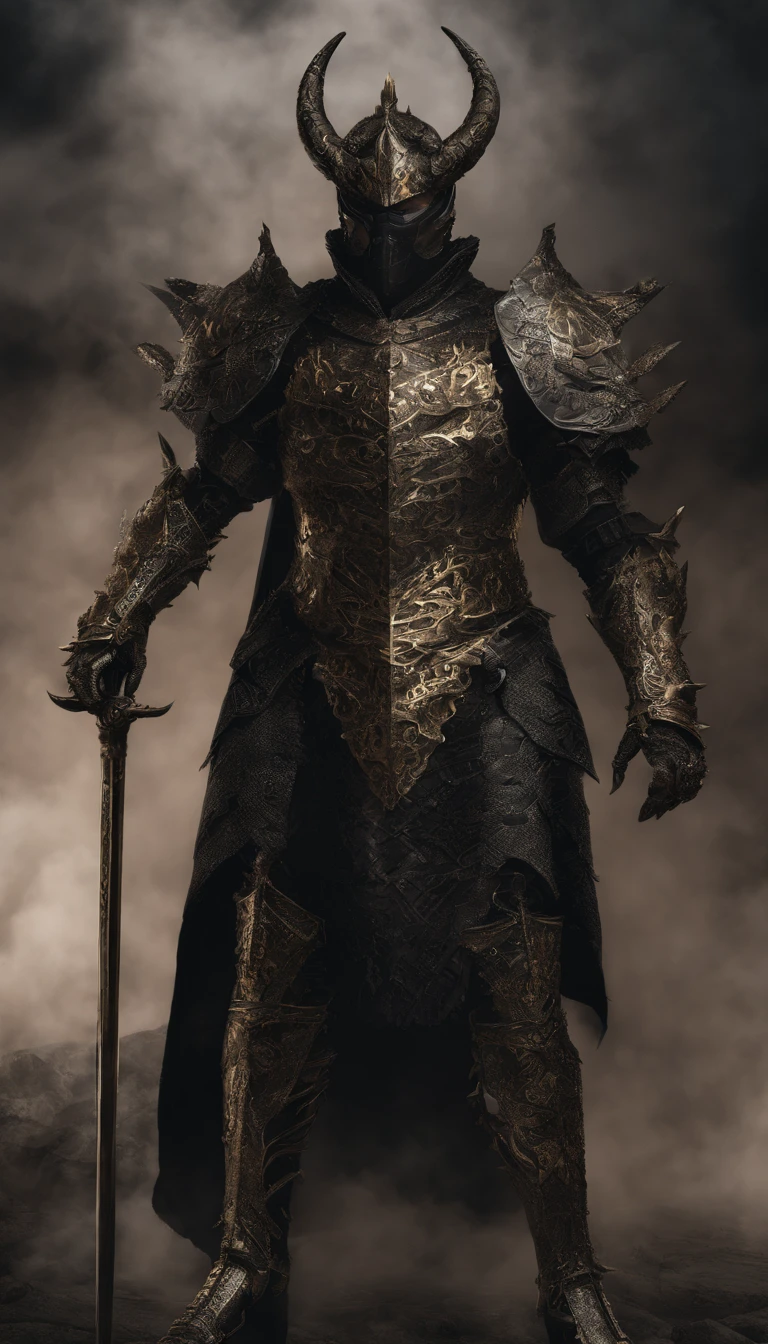 warrior, concept-art, Fantasy art, battleground background, clean render, a horned, Wear a suit of armor, Detailed bushido form smoke, helmet of a forgotten deity, character is standing, 8k Realistic, in game render, detailed face background detail, Art station front page, taur, Pseudo-medieval fantasy, A deity wearing koi armor, detailed bronze armor, Bronze armor, golden etched armor, gold obsidian armor, Light gold armor, Gorgeous filigree armor, A demonic warrior, Gorgeous armor full of thorns, Intricate assasin armor, Intricate metal armor, powerful warrior, Dressed in gorgeous gold armor,Decorated with intricate patterns, The helmet has a large crown and two horns,Glowing red eyes, Everything is in the dark, The smoky background alludes to battle scenes, Add an ominous aura to his character,submission, Full body shot.