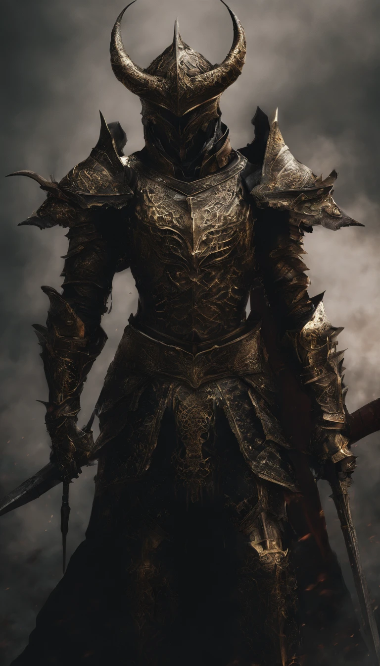 warrior, concept-art, Fantasy art, battleground background, clean render, a horned, Wear a suit of armor, Detailed bushido form smoke, helmet of a forgotten deity, character is standing, 8k Realistic, in game render, detailed face background detail, Art station front page, taur, Pseudo-medieval fantasy, A deity wearing koi armor, detailed bronze armor, Bronze armor, golden etched armor, gold obsidian armor, Light gold armor, Gorgeous filigree armor, A demonic warrior, Gorgeous armor full of thorns, Intricate assasin armor, Intricate metal armor, powerful warrior, Dressed in gorgeous gold armor,Decorated with intricate patterns, The helmet has a large crown and two horns,Glowing red eyes, Everything is in the dark, The smoky background alludes to battle scenes, Add an ominous aura to his character,submission, Full body shot.