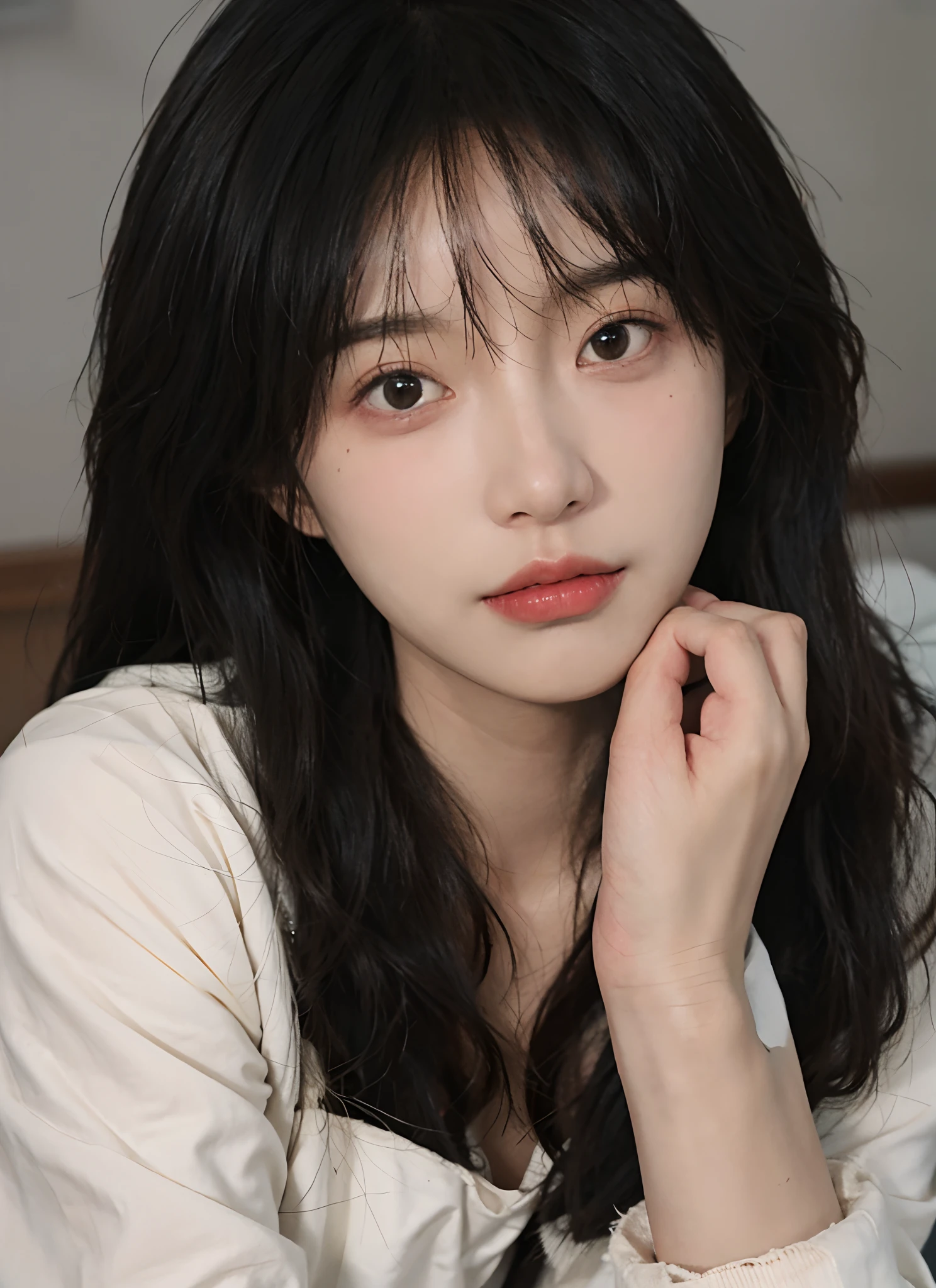 best qualtiy, 超高分辨率, (realisticlying:1.4), A woman with long black hair and a gray sweater, Soft portrait shot 8 K, pale round face, with round face, She has black hair,By bangs, young lovely Korean faces, wan adorable korean face, ulzzangs, Shin Jinying, beautiful aesthetic face, Korean face features, soft round face, iu lee ji-eun as a super villain, Beautiful realistic face