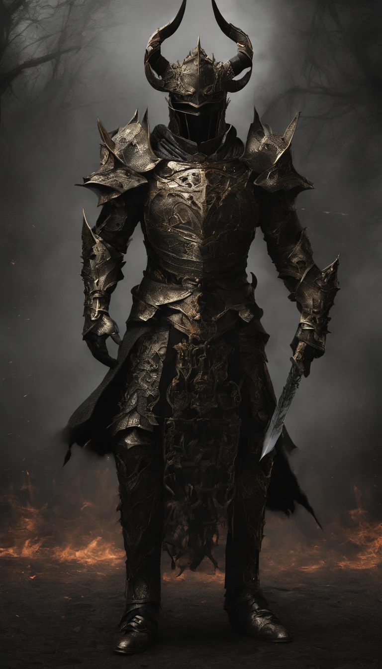 warrior, concept-art,  Fantasy art, battleground background, clean render, a horned, Wear a suit of armor, Detailed bushido form smoke, helmet of a forgotten deity, character is standing, 8k Realistic, in game render, detailed face background detail, Art station front page, taur, Pseudo-medieval fantasy, A deity wearing koi armor, detailed bronze armor, Bronze armor, golden etched armor, gold obsidian armor, Light gold armor, Gorgeous filigree armor, A demonic warrior, Gorgeous armor full of thorns, Intricate assasin armor, Intricate metal armor, powerful warrior, Dressed in gorgeous gold armor，Decorated with intricate patterns, The helmet has a large crown and two horns,Glowing red eyes， Everything is in the dark, The smoky background alludes to battle scenes, Add an ominous aura to his character，submission, Full body shot.