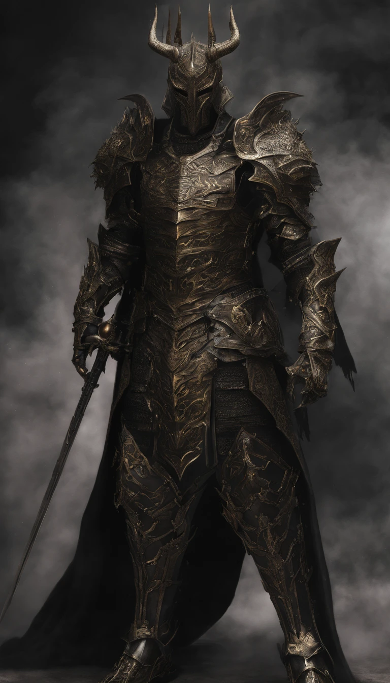 warrior, concept-art,  Fantasy art, battleground background, clean render, a horned, Wear a suit of armor, Detailed bushido form smoke, helmet of a forgotten deity, character is standing, 8k Realistic, in game render, detailed face background detail, Art station front page, taur, Pseudo-medieval fantasy, A deity wearing koi armor, detailed bronze armor, Bronze armor, golden etched armor, gold obsidian armor, Light gold armor, Gorgeous filigree armor, A demonic warrior, Gorgeous armor full of thorns, Intricate assasin armor, Intricate metal armor, powerful warrior, Dressed in gorgeous gold armor，Decorated with intricate patterns, The helmet has a large crown and two horns,Glowing red eyes， Everything is in the dark, The smoky background alludes to battle scenes, Add an ominous aura to his character，submission, Full body shot.