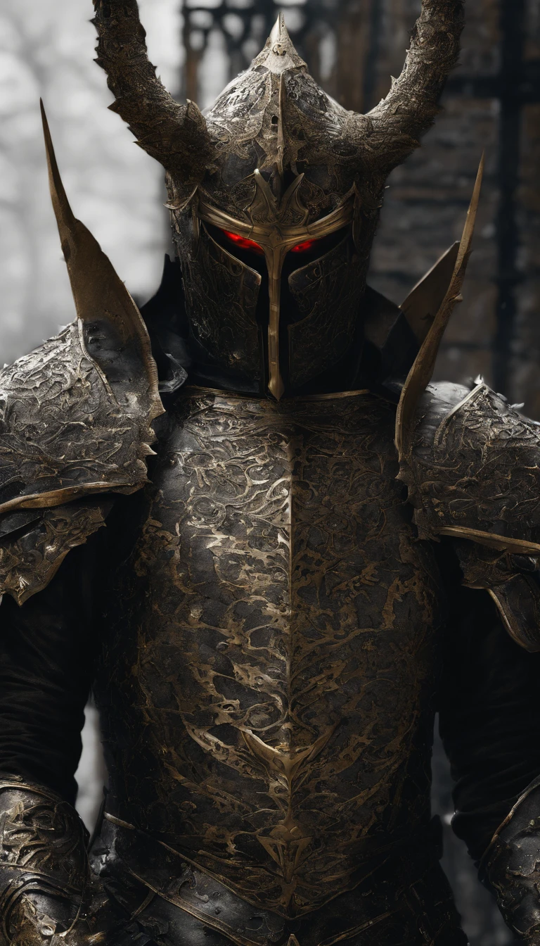 warrior, concept-art, Fantasy art, battleground background, clean render, a horned, Wear a suit of armor, Detailed bushido form smoke, helmet of a forgotten deity, character is standing, 8k Realistic, in game render, detailed face background detail, Art station front page, taur, Pseudo-medieval fantasy, A deity wearing koi armor, detailed bronze armor, Bronze armor, golden etched armor, gold obsidian armor, Light gold armor, Gorgeous filigree armor, A demonic warrior, Gorgeous armor full of thorns, Intricate assasin armor, Intricate metal armor, powerful warrior, Dressed in gorgeous gold armor,Decorated with intricate patterns, The helmet has a large crown and two horns,Glowing red eyes, Everything is in the dark, The smoky background alludes to battle scenes, Add an ominous aura to his character,submission, Full body shot.