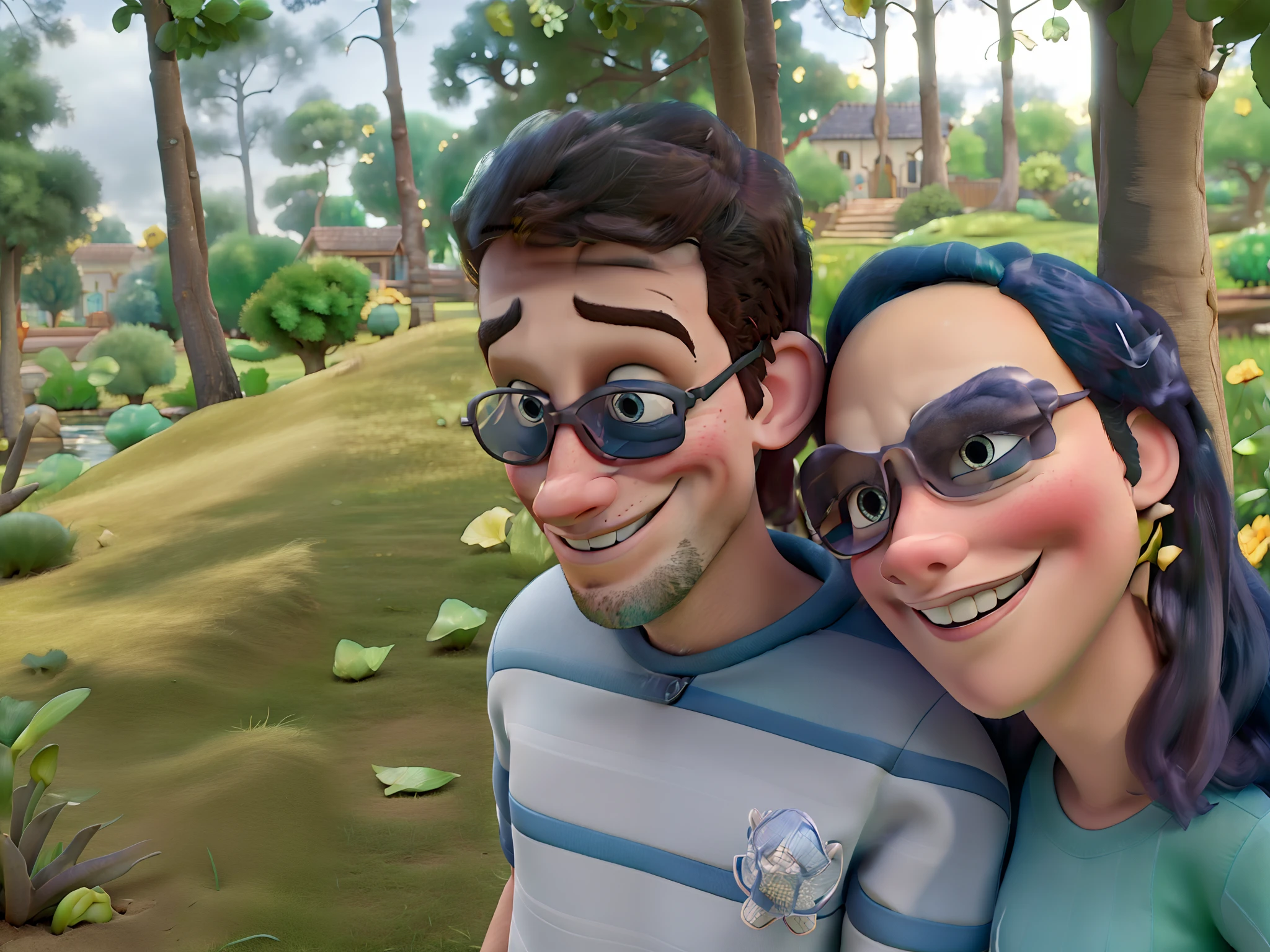 Cena magical estilo 3d pixar disney, Couple in a bucolic scene with lawn