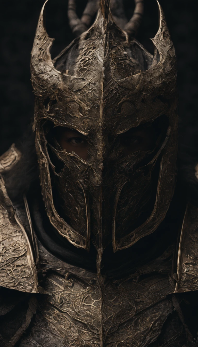 warrior, concept-art, Fantasy art, battleground background, clean render, a horned, Wear a suit of armor, Detailed bushido form smoke, helmet of a forgotten deity, character is standing, 8k Realistic, in game render, detailed face background detail, Art station front page, taur, Pseudo-medieval fantasy, A deity wearing koi armor, detailed bronze armor, Bronze armor, golden etched armor, gold obsidian armor, Light gold armor, Gorgeous filigree armor, A demonic warrior, Gorgeous armor full of thorns, Intricate assasin armor, Intricate metal armor, powerful warrior, Dressed in gorgeous gold armor,Decorated with intricate patterns, The helmet has a large crown and two horns,Glowing red eyes, Everything is in the dark, The smoky background alludes to battle scenes, Add an ominous aura to his character,submission, Full body shot.