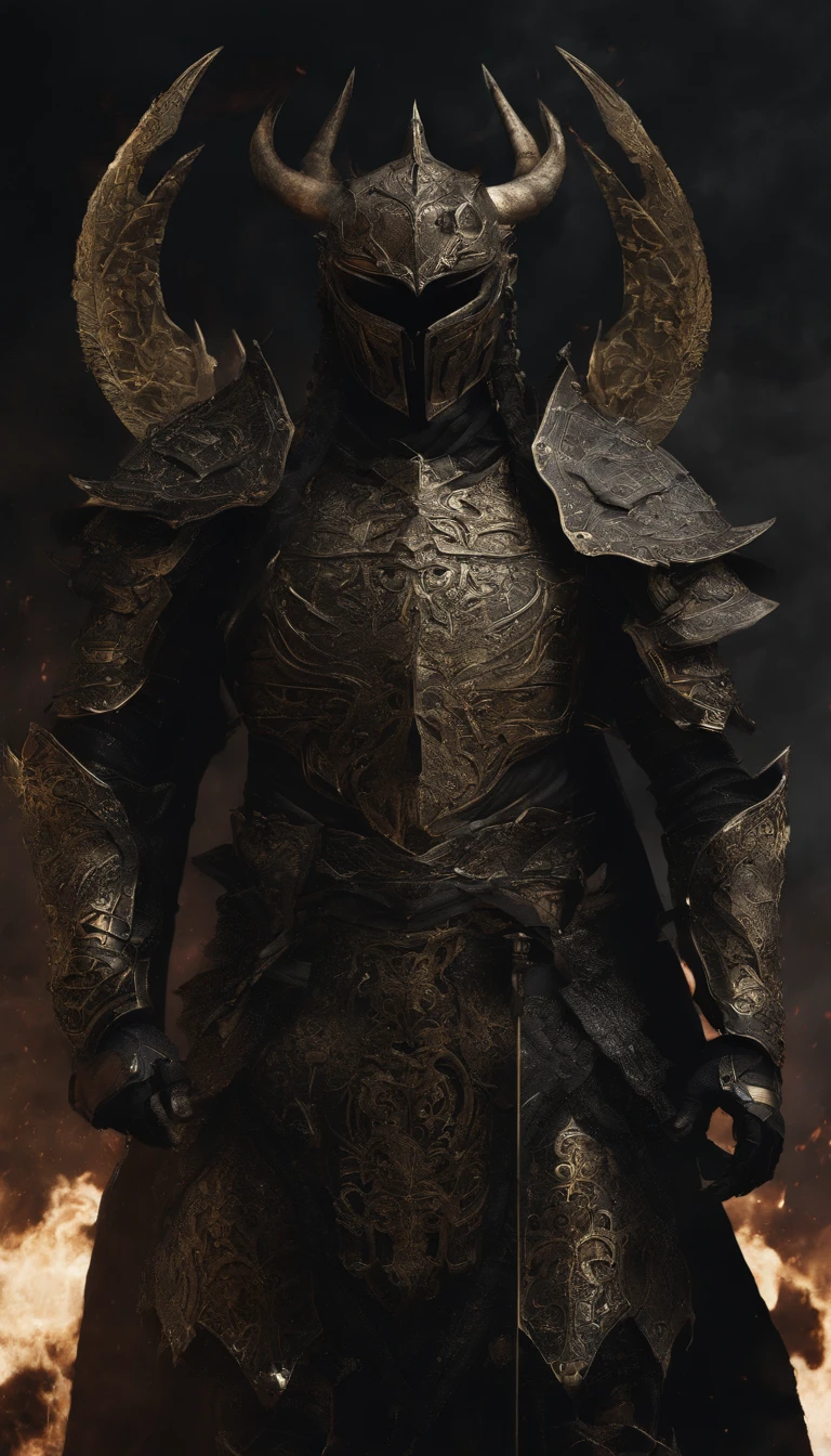 warrior, concept-art,  Fantasy art, battleground background, clean render, a horned, Wear a suit of armor, Detailed bushido form smoke, helmet of a forgotten deity, character is standing, 8k Realistic, in game render, detailed face background detail, Art station front page, taur, Pseudo-medieval fantasy, A deity wearing koi armor, detailed bronze armor, Bronze armor, golden etched armor, gold obsidian armor, Light gold armor, Gorgeous filigree armor, A demonic warrior, Gorgeous armor full of thorns, Intricate assasin armor, Intricate metal armor, powerful warrior, Dressed in gorgeous gold armor，Decorated with intricate patterns, The helmet has a large crown and two horns,Glowing red eyes， Everything is in the dark, The smoky background alludes to battle scenes, Add an ominous aura to his character，??????????, Full body shot.