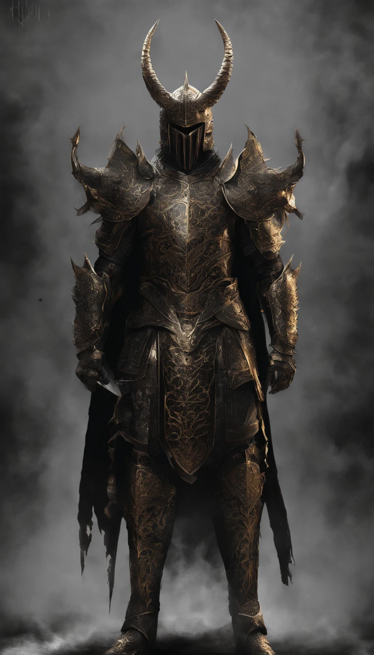 warrior, concept-art, Fantasy art, battleground background, clean render, a horned, Wear a suit of armor, Detailed bushido form smoke, helmet of a forgotten deity, character is standing, 8k Realistic, in game render, detailed face background detail, Art station front page, taur, Pseudo-medieval fantasy, A deity wearing koi armor, detailed bronze armor, Bronze armor, golden etched armor, gold obsidian armor, Light gold armor, Gorgeous filigree armor, A demonic warrior, Gorgeous armor full of thorns, Intricate assasin armor, Intricate metal armor, powerful warrior, Dressed in gorgeous gold armor,Decorated with intricate patterns, The helmet has a large crown and two horns,Glowing red eyes, Everything is in the dark, The smoky background alludes to battle scenes, Add an ominous aura to his character,submission, Full body shot.