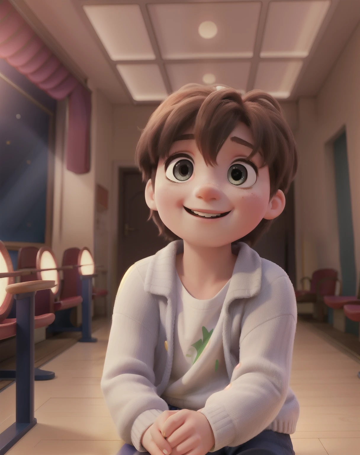 Raising a happy and enthusiastic child watching a children's play in a theater with the lights off and with a light focused on the child.