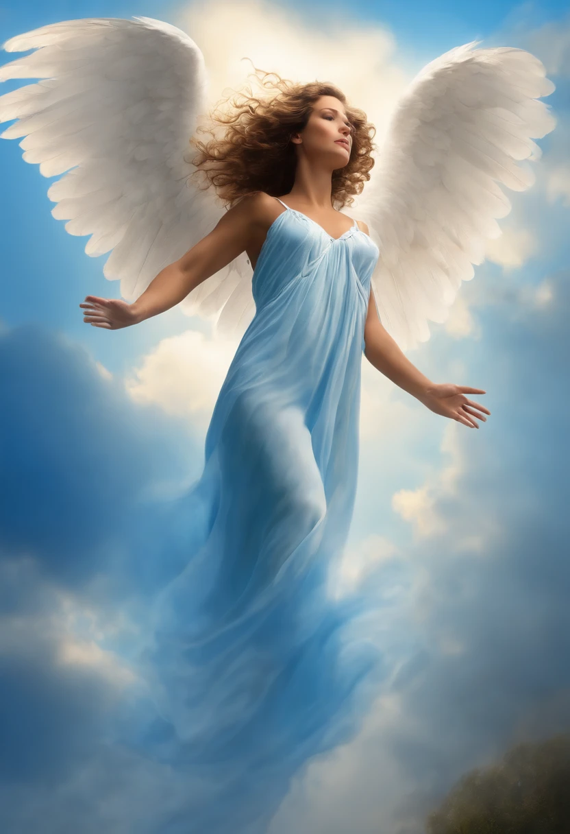 Angel wanting to fly to the sky with beautiful wings spread in a beautiful blue sky, cabelos dos anjo voando soltos ao vento, cabelos dourados, anjo resplandecente, Angel Heading Towards Heaven, imagem hiper realista, qualidade HD, realismo, 10K, Beautiful realistic blue sky, rosto perfeito da anja, anjo sorrindo, cabelos longos dourados realista.