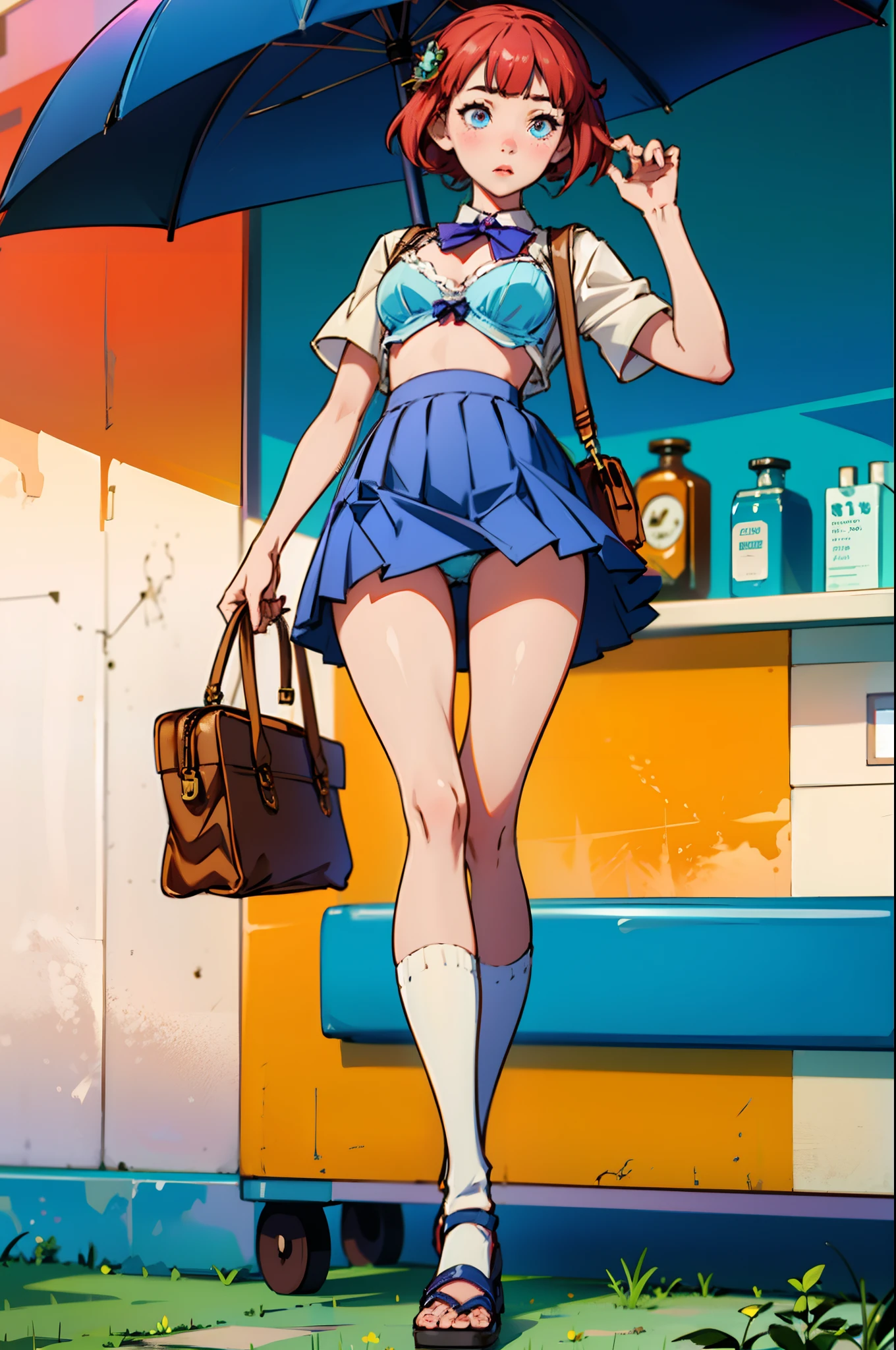 {masterpiece}},{an extremely delicate and beautiful},{best quality}, illustration,beautiful detailed eyes, cg 8k wallpaper, {highres}, original,intricate detail,
Hyohon,
(1girl:1.5), solo, skirt, bow,blush, socks, solo,school uniform, kneehighs, shirt, blue skirt, white shirt, bangs, bowtie, pleated skirt, standing, white bra,
embarrassed, mosaic censoring, bow bra, looking at viewer, black socks, bow panties, censored, stocking, shoes,umbrella, pantyhose,
aside, lying, sandals, footwear, hair ornament, condom, school handbag, school swimsuit,counter,display case,merchandise, mall,