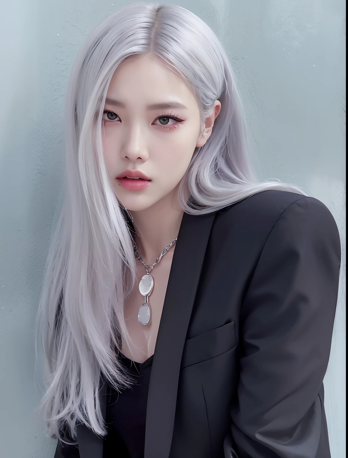 a close up of a person with a necklace and a suit, girl silver hair, silver hair girl, inspired by Yanjun Cheng, portrait of jossi of blackpink, inspired by Kim Deuk-sin, with long white hair, inspired by jeonseok lee, inspired by Sim Sa-jeong, with white long hair, girl with white hair, silver hair (ponytail)