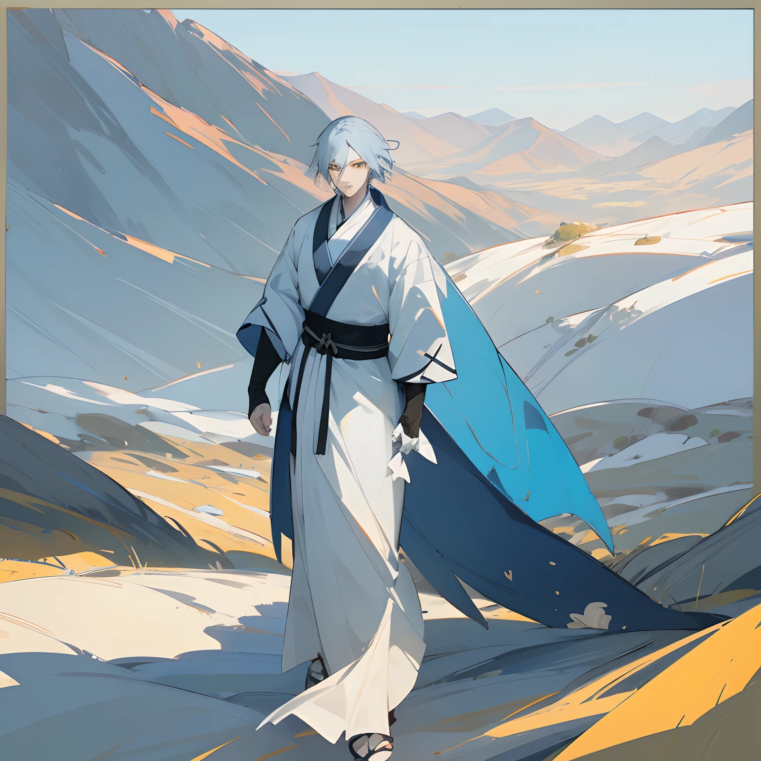 (pale skin, pale blue hair, yellow eyes, blue and white haori, standing on path, mountain background) (portrait:1.1, best quality) , ninja clothing , 1male , adult man