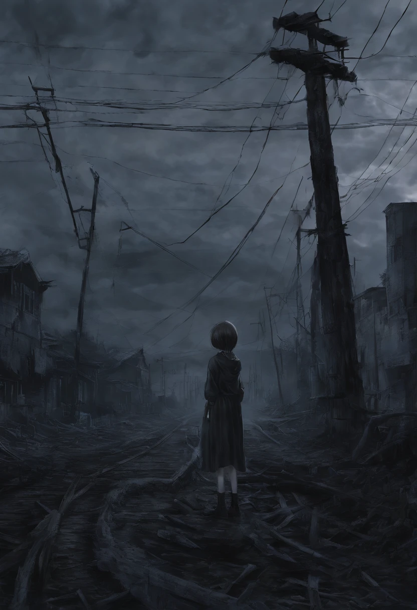 wakura lain,1 girl,open tuck, beautifuly color Clothes, dusk sky, Telegraph Pole, in ruins,