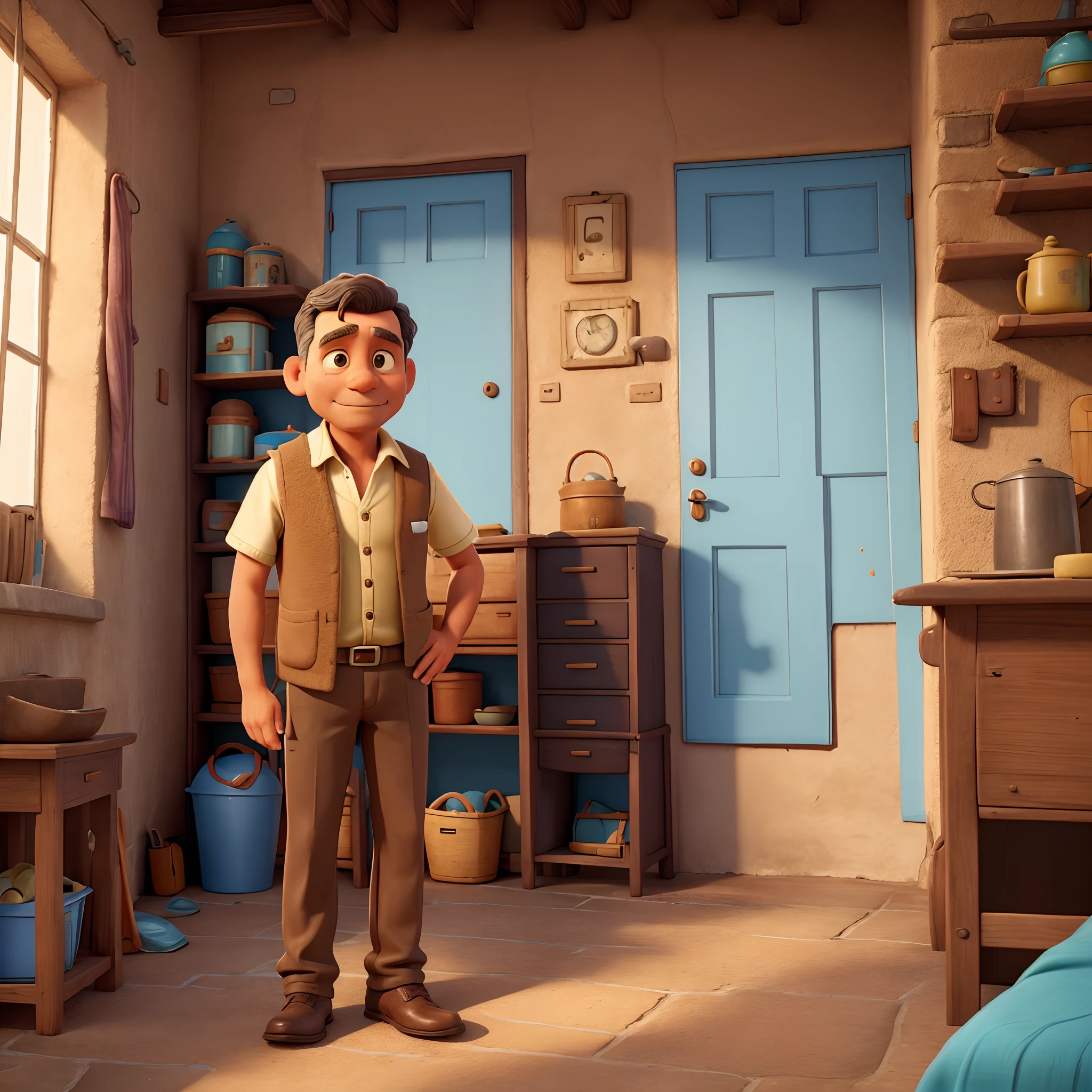 Hombre pobre, amo de casa, About 45 years old in a light brown vest and old blue pants