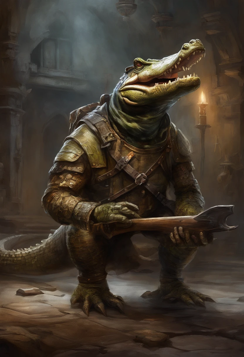 HighestQuali, Dramatic lighting, menacing posture, Fierce expression, Epic atmosphere, (((Helmet with a crocodile head))), (((Full body shot))),Crocodile made of metal, half-mechanical, Cyberpunk Style, Clockwork, ((Intricate details)), hdr, ((Intricate details, ultra - detailed)), Incandescent Lamps, cinema shot, Vignette, Bokeh effect Baker ground, (canid), (Full body shot).
