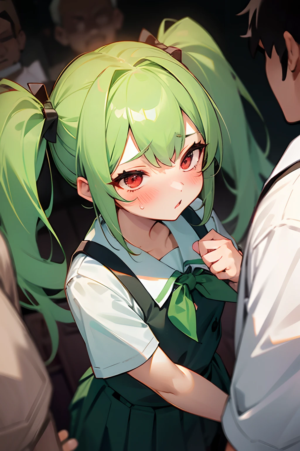Cute girl,  Green twintail hair, red eyes,molestation,crowd,blush,school uniform,gangbang,2boys