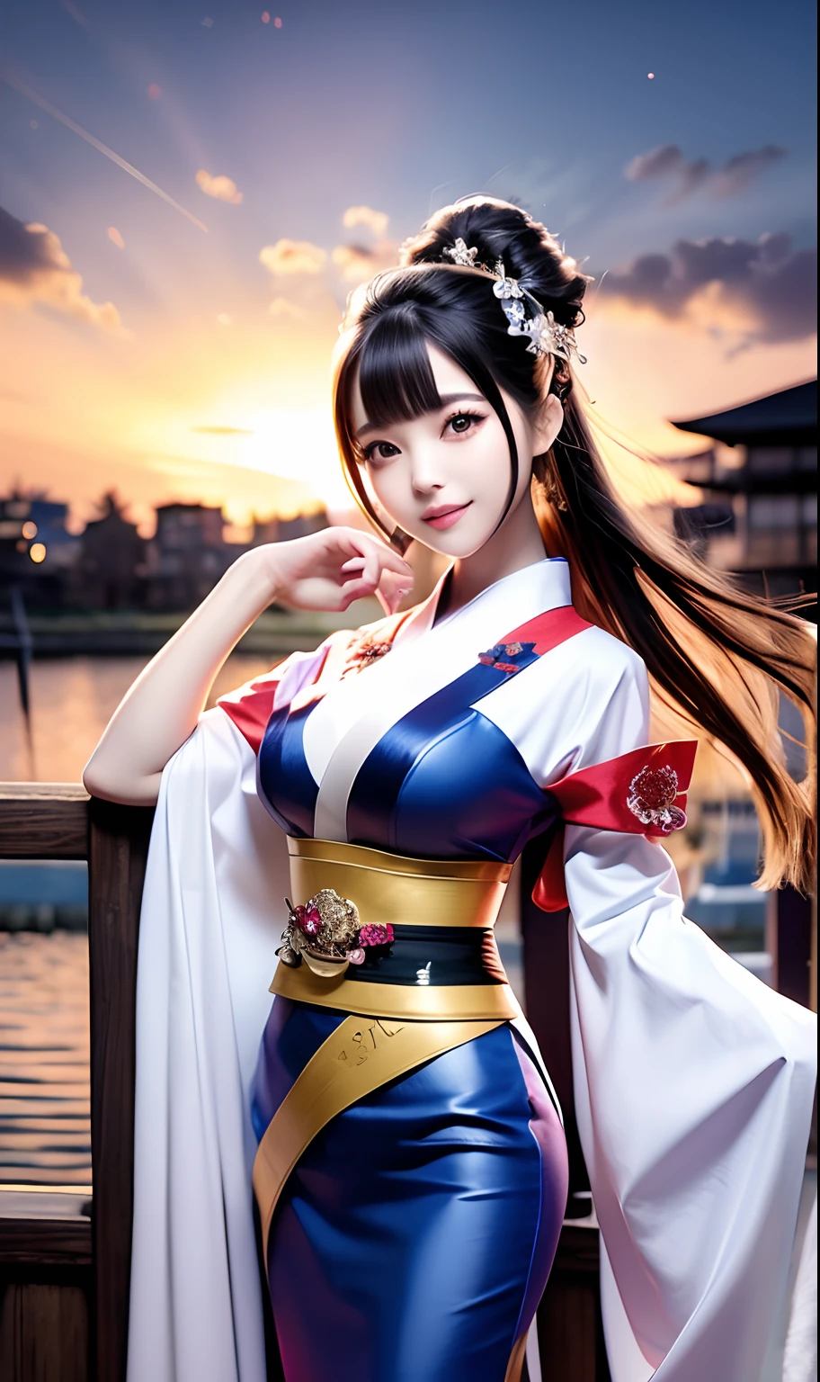 looking in camera,(((of the highest quality, 8K, masutepiece))), Crisp focus, (Beautiful woman with perfect figure), slender, (Hairstyle: ass hole up)), ((Kimono: CALA)), Street: 1.2 Highly detailed face and skin texture Detailed eyes Double eyelids Random posture, (Smile),Super cute Japan person,Super Beautiful Japan Girl, Realistic face, 二重まぶた,Smile,Summer festival , At sunset , Beautiful teeth , firework background.