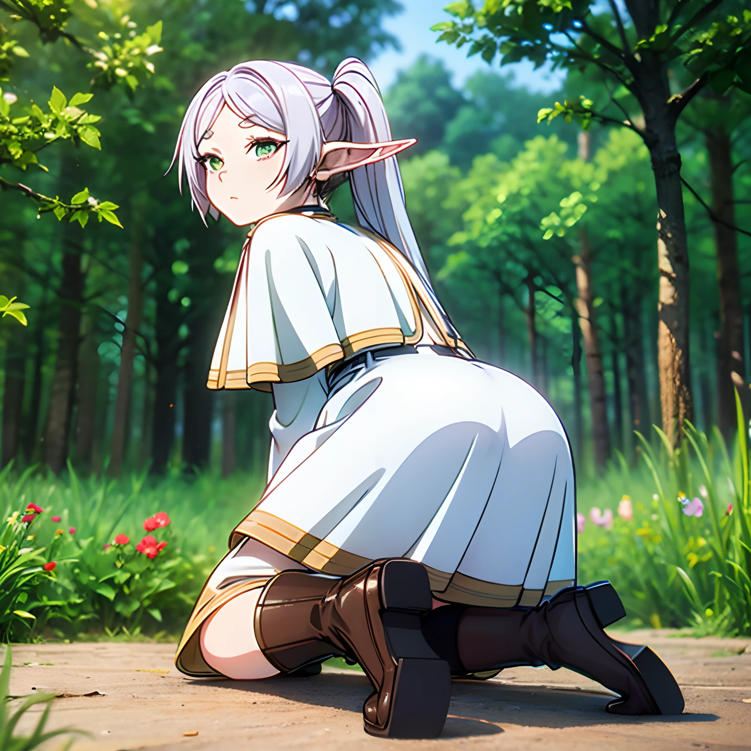 a woman in a dress kneeling on the ground, long hair, blush, bangs, long sleeves, twintails, green eyes, ass, flower, white hair, pantyhose, earrings, boots, outdoors, parted lips, day, pointy ears, belt, white dress, tree, black pantyhose, capelet, brown footwear, knee boots, grass, elf, nature, forest, white capelet