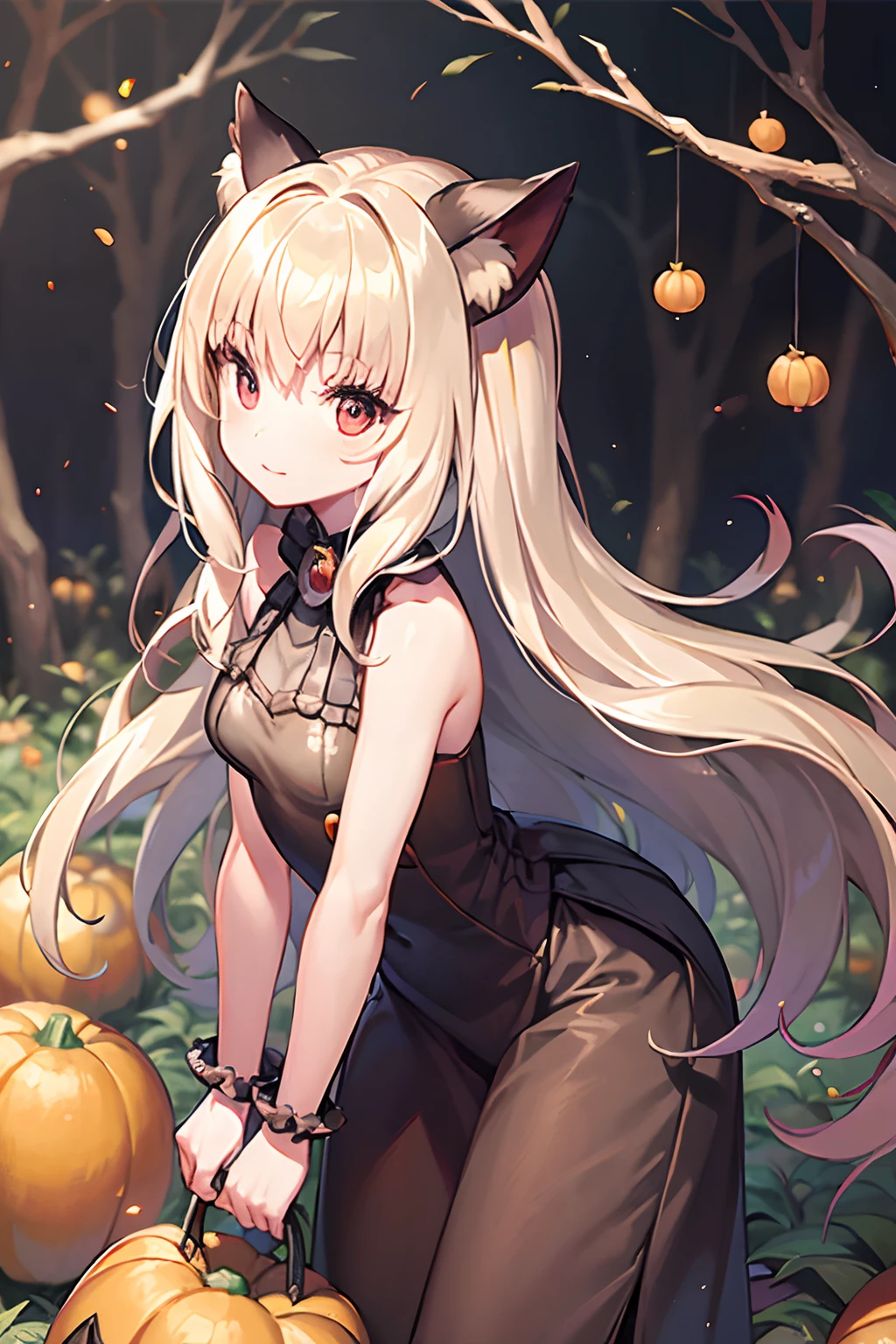 A little vampire woman walks in a forest decorated with pumpkins