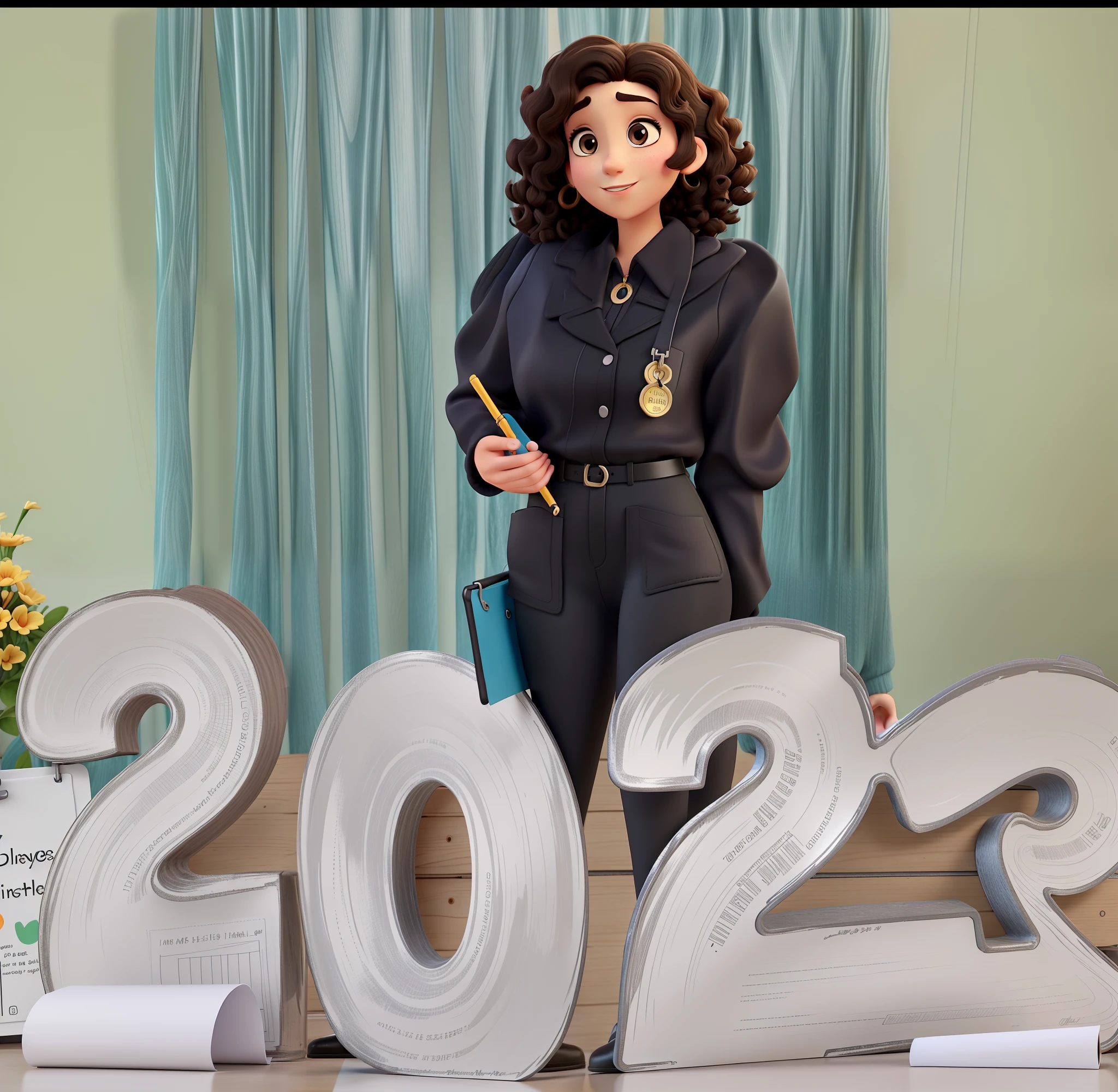 A brunette woman short curly hair black outfit with clipboard in hand Disney Pixar style high quality