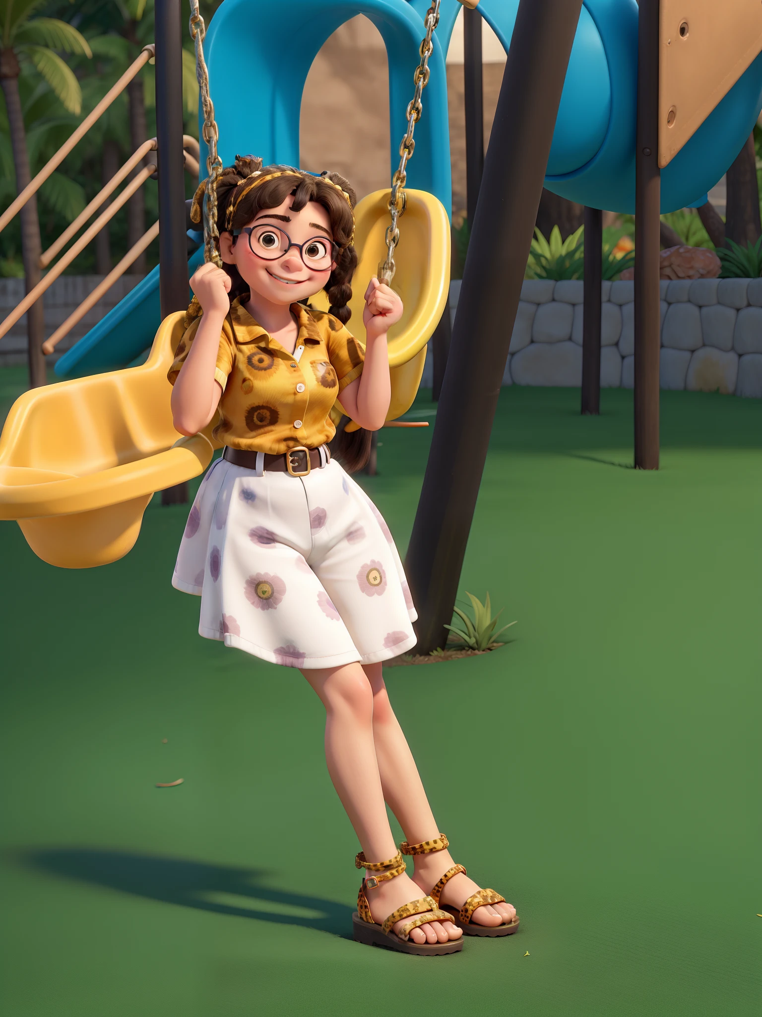 Uma menina branca de 03 anos,sorridente ,With dimples and rosy cheeks ne a playground swing ,ela tem cabelos escuros e ondulados ,ela usa pigtails nos cabelos ,She wears leopard print sunglasses, ela veste blusa de oncinha e saia de tule branca,He's wearing a golden sandal