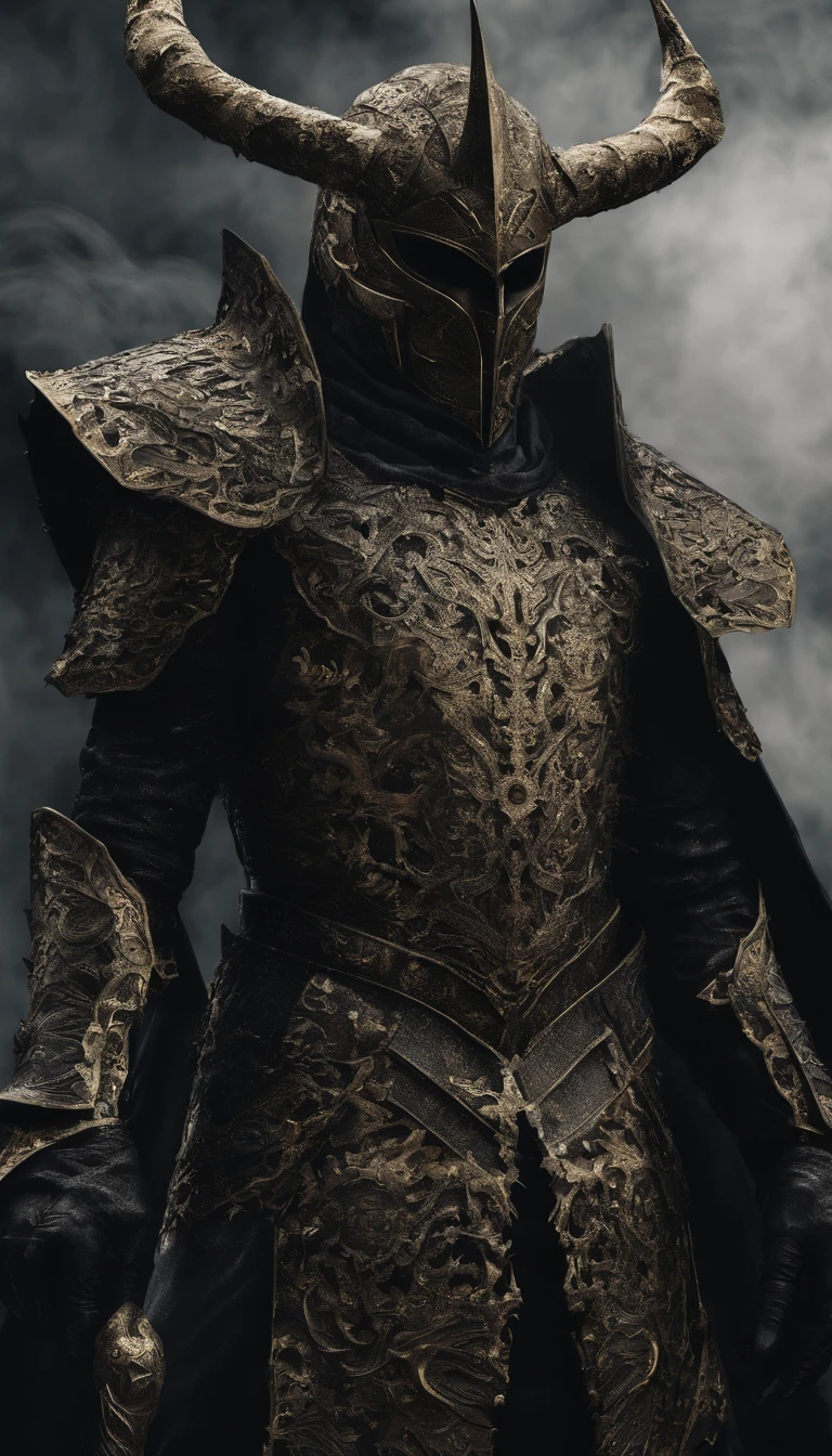 warrior, concept-art, Fantasy art, battleground background, clean render, a horned, Wear a suit of armor, Detailed bushido form smoke, helmet of a forgotten deity, character is standing, 8k Realistic, in game render, detailed face background detail, Art station front page, taur, Pseudo-medieval fantasy, A deity wearing koi armor, detailed bronze armor, Bronze armor, golden etched armor, gold obsidian armor, Light gold armor, Gorgeous filigree armor, A demonic warrior, Gorgeous armor full of thorns, Intricate assasin armor, Intricate metal armor, powerful warrior, Dressed in gorgeous gold armor,Decorated with intricate patterns, The helmet has a large crown and two horns,Glowing red eyes, Everything is in the dark, The smoky background alludes to battle scenes, Add an ominous aura to his character,submission, Full body shot.