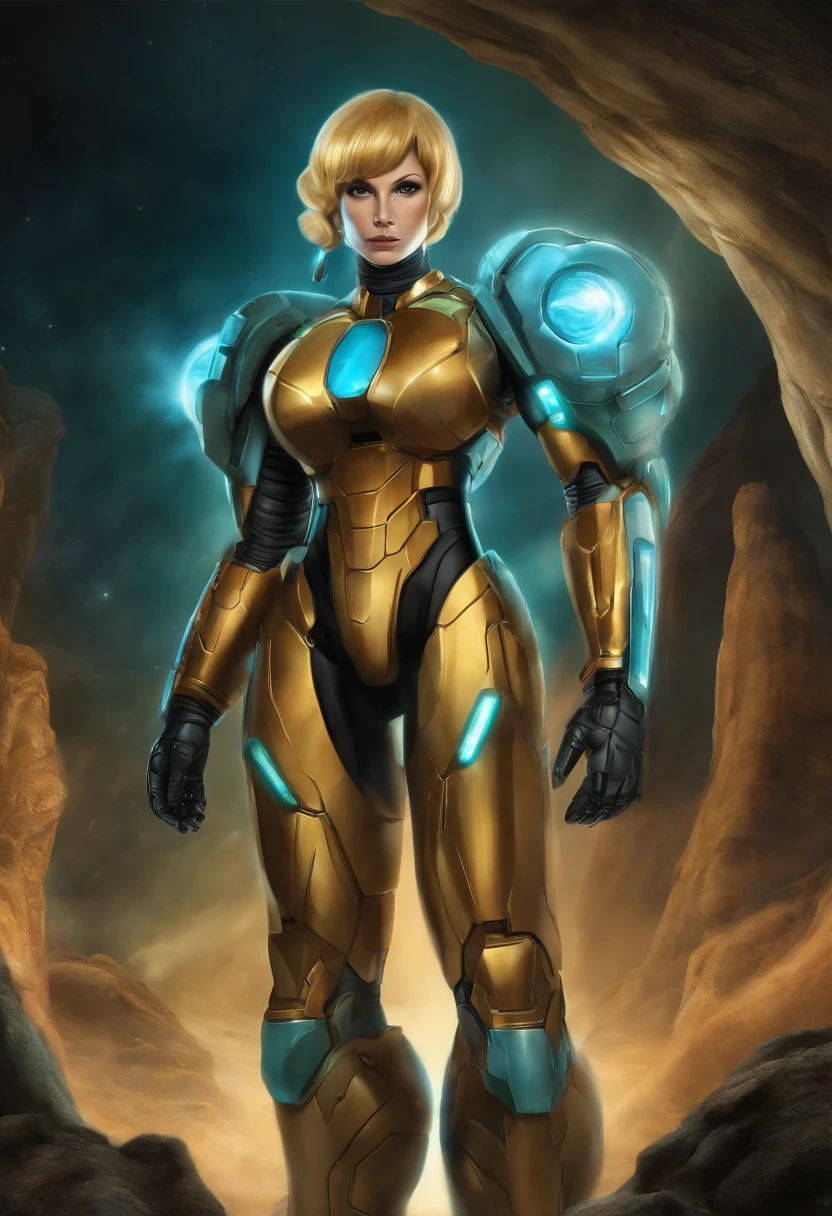 imagina um trage espacial inspirada na armadura de metroid prime sendo utilziada pela bulma da franquia dragon ball. A armadura possuir botas e lutas, cinto de utilidades , capacete com rastreador sayagin.