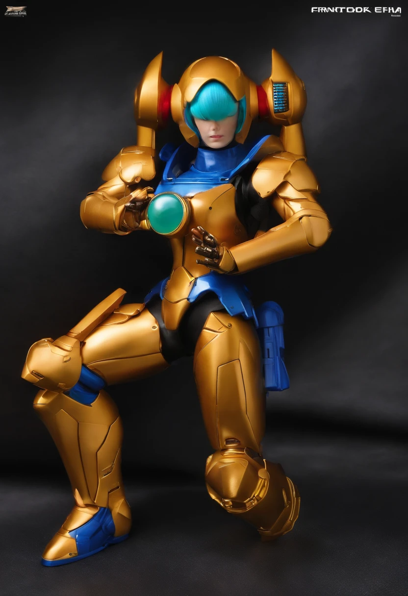 imagina um trage espacial inspirada na armadura de metroid prime sendo utilziada pela bulma da franquia dragon ball. A armadura possuir botas e lutas, cinto de utilidades , capacete com rastreador sayagin.