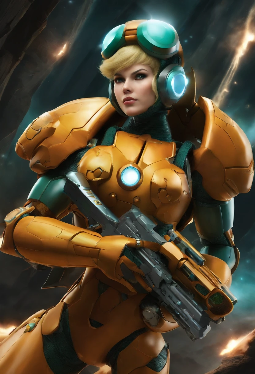 imagina um trage espacial inspirada na armadura de metroid prime sendo utilziada pela bulma da franquia dragon ball. A armadura possuir botas e lutas, cinto de utilidades , capacete com rastreador sayagin.