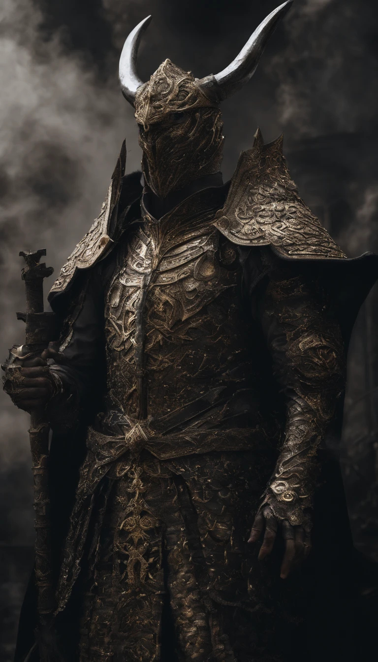 warrior, concept-art, Fantasy art, battleground background, clean render, a horned, Wear a suit of armor, Detailed bushido form smoke, helmet of a forgotten deity, character is standing, 8k Realistic, in game render, detailed face background detail, Art station front page, taur, Pseudo-medieval fantasy, A deity wearing koi armor, detailed bronze armor, Bronze armor, golden etched armor, gold obsidian armor, Light gold armor, Gorgeous filigree armor, A demonic warrior, Gorgeous armor full of thorns, Intricate assasin armor, Intricate metal armor, powerful warrior, Dressed in gorgeous gold armor,Decorated with intricate patterns, The helmet has a large crown and two horns,Glowing red eyes, Everything is in the dark, The smoky background alludes to battle scenes, Add an ominous aura to his character,submission, Full body shot.