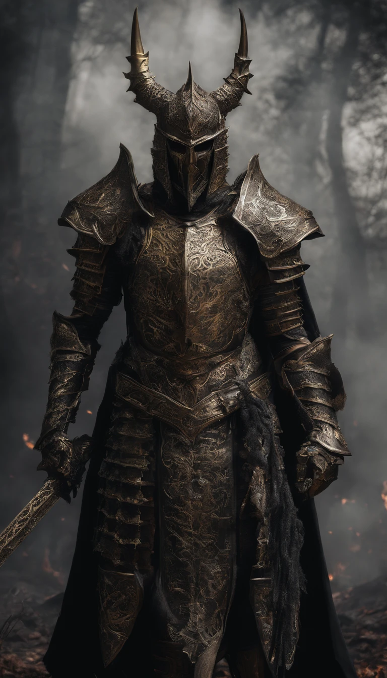 warrior, concept-art,  Fantasy art, battleground background, clean render, a horned, Wear a suit of armor, Detailed bushido form smoke, helmet of a forgotten deity, character is standing, 8k Realistic, in game render, detailed face background detail, Art station front page, taur, Pseudo-medieval fantasy, A deity wearing koi armor, detailed bronze armor, Bronze armor, golden etched armor, gold obsidian armor, Light gold armor, Gorgeous filigree armor, A demonic warrior, Gorgeous armor full of thorns, Intricate assasin armor, Intricate metal armor, powerful warrior, Dressed in gorgeous gold armor，Decorated with intricate patterns, The helmet has a large crown and two horns,Glowing red eyes， Everything is in the dark, The smoky background alludes to battle scenes, Add an ominous aura to his character，submission, Full body shot.