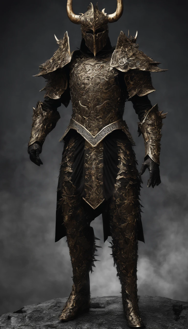 warrior, concept-art,  Fantasy art, battleground background, clean render, a horned, Wear a suit of armor, Detailed bushido form smoke, helmet of a forgotten deity, character is standing, 8k Realistic, in game render, detailed face background detail, Art station front page, taur, Pseudo-medieval fantasy, A deity wearing koi armor, detailed bronze armor, Bronze armor, golden etched armor, gold obsidian armor, Light gold armor, Gorgeous filigree armor, A demonic warrior, Gorgeous armor full of thorns, Intricate assasin armor, Intricate metal armor, powerful warrior, Dressed in gorgeous gold armor，Decorated with intricate patterns, The helmet has a large crown and two horns,Glowing red eyes， Everything is in the dark, The smoky background alludes to battle scenes, Add an ominous aura to his character，submission, Full body shot.