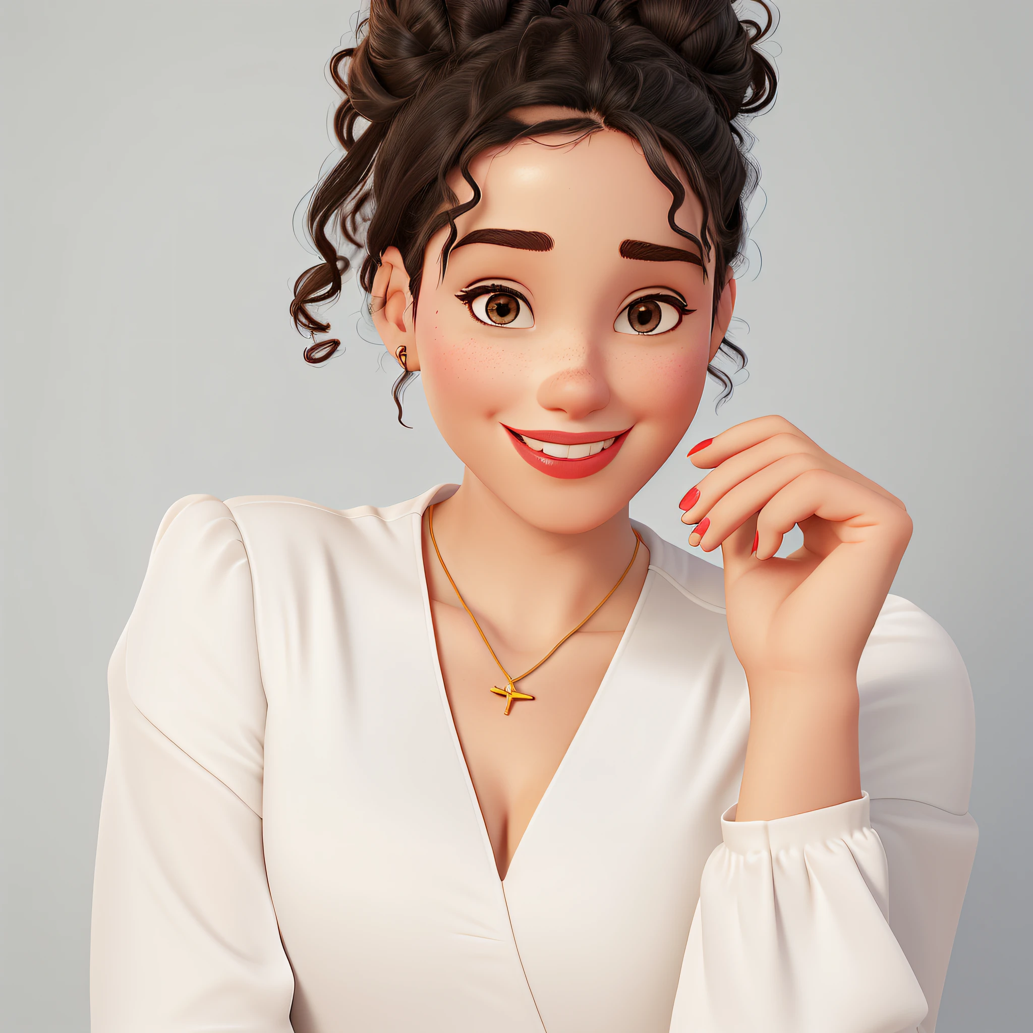 Disney Pixar style model There is a woman with a red manicure posing for a photo, foto de perfil profissional, uma mulher bonita no branco, cheeky smile with red lips, com maquiagem profissional, foto headshot, foto de perfil profissional, Foto profissional detalhada, foto de perfil headshot, retrato profissional, retrato headshot, messy curly hairstyle high bun, fotografia headshot, imagem retrato, imagem profissional, Professional head shot bun curly hair