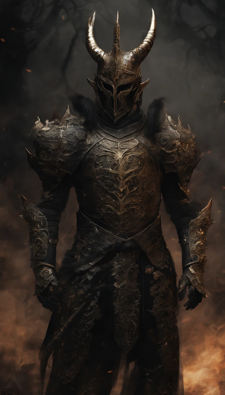 warrior, concept-art,  Fantasy art, battleground background, clean render, a horned, Wear a suit of armor, Detailed bushido form smoke, helmet of a forgotten deity, character is standing, 8k Realistic, in game render, detailed face background detail, Art station front page, taur, Pseudo-medieval fantasy, A deity wearing koi armor, detailed bronze armor, Bronze armor, golden etched armor, gold obsidian armor, Light gold armor, Gorgeous filigree armor, A demonic warrior, Gorgeous armor full of thorns, Intricate assasin armor, Intricate metal armor, powerful warrior, Dressed in gorgeous gold armor，Decorated with intricate patterns, The helmet has a large crown and two horns,Glowing red eyes， Everything is in the dark, The smoky background alludes to battle scenes, Add an ominous aura to his character，submission, Full body shot.