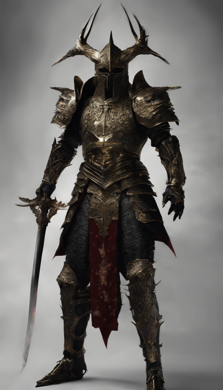 warrior, concept-art, Fantasy art, battleground background, clean render, a horned, Wear a suit of armor, Detailed bushido form smoke, helmet of a forgotten deity, character is standing, 8k Realistic, in game render, detailed face background detail, Art station front page, taur, Pseudo-medieval fantasy, A deity wearing koi armor, detailed bronze armor, Bronze armor, golden etched armor, gold obsidian armor, Light gold armor, Gorgeous filigree armor, A demonic warrior, Gorgeous armor full of thorns, Intricate assasin armor, Intricate metal armor, powerful warrior, Dressed in gorgeous gold armor,Decorated with intricate patterns, The helmet has a large crown and two horns,Glowing red eyes, Everything is in the dark, The smoky background alludes to battle scenes, Add an ominous aura to his character,submission, Full body shot.