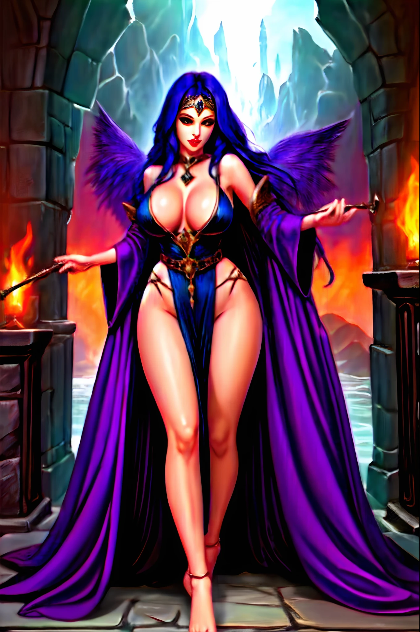 Fantasy sorceress, large breasts, wide hips, leg slit, open robe,