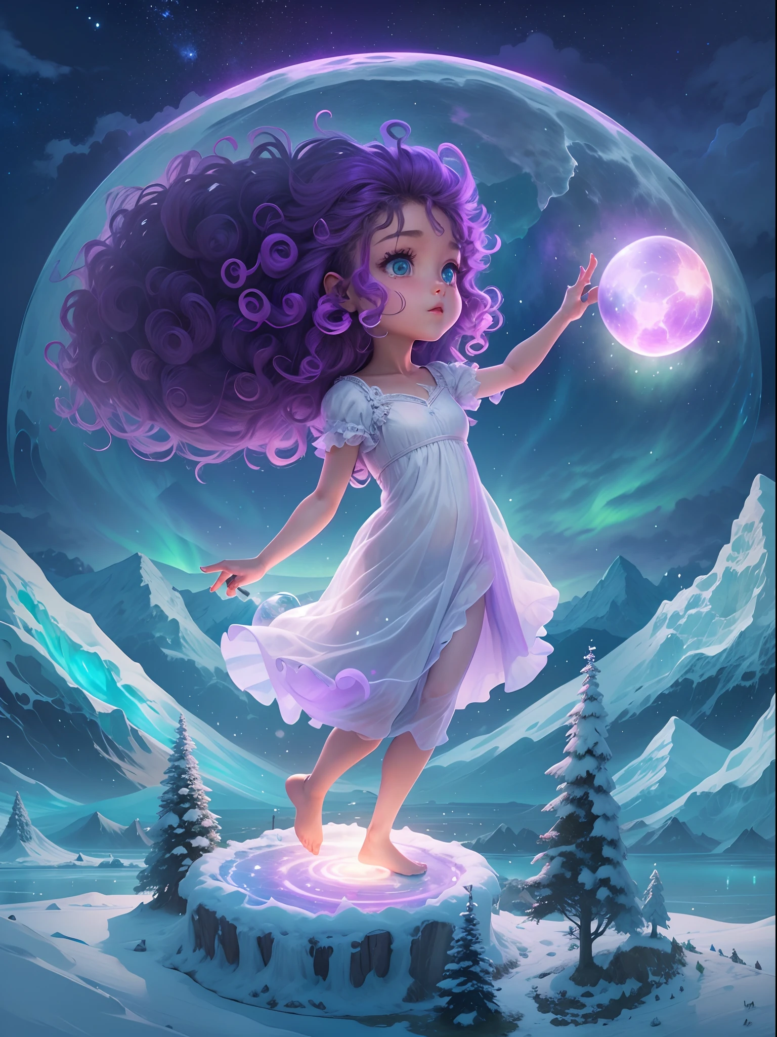 A purple curly girl stands on an ice floating island, Holding a magic ball in both hands, (The magic ball is combined with the Northern Lights in the background sky),Emits green and purple light.
The girl wears a white sheer dress, without wearing shoes,Beautiful and delicate facial features,(Skysky:0.7) ,Girl 0.3)7 points of the chart
Snow-capped mountains with the Northern Lights in the background