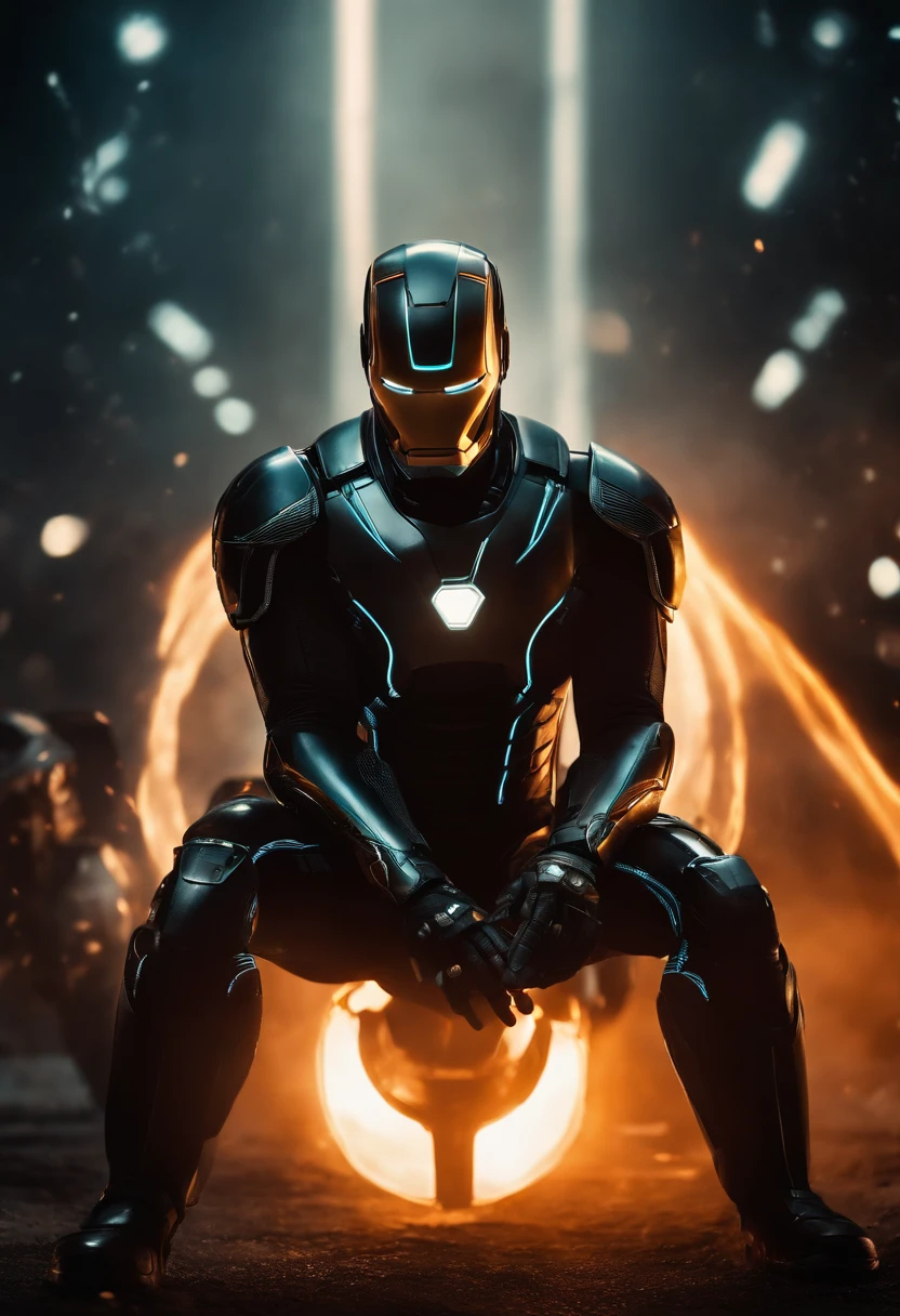 Tron Combined with Ironman, tron legacy, battle scene, fire, explosions