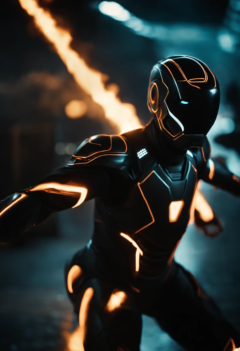 Tron Combined with Ironman, tron legacy, battle scene, fire, explosions
