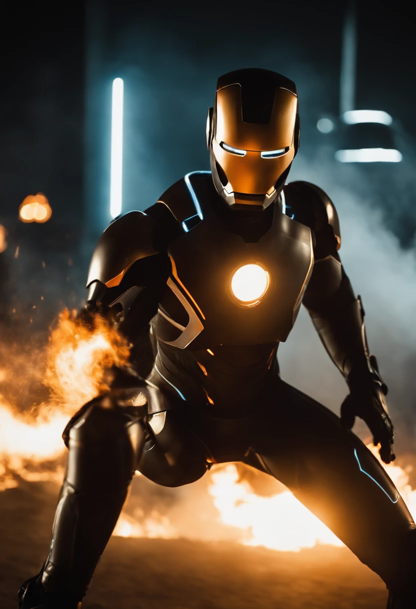 Tron Combined with Ironman, tron legacy, battle scene, fire, explosions