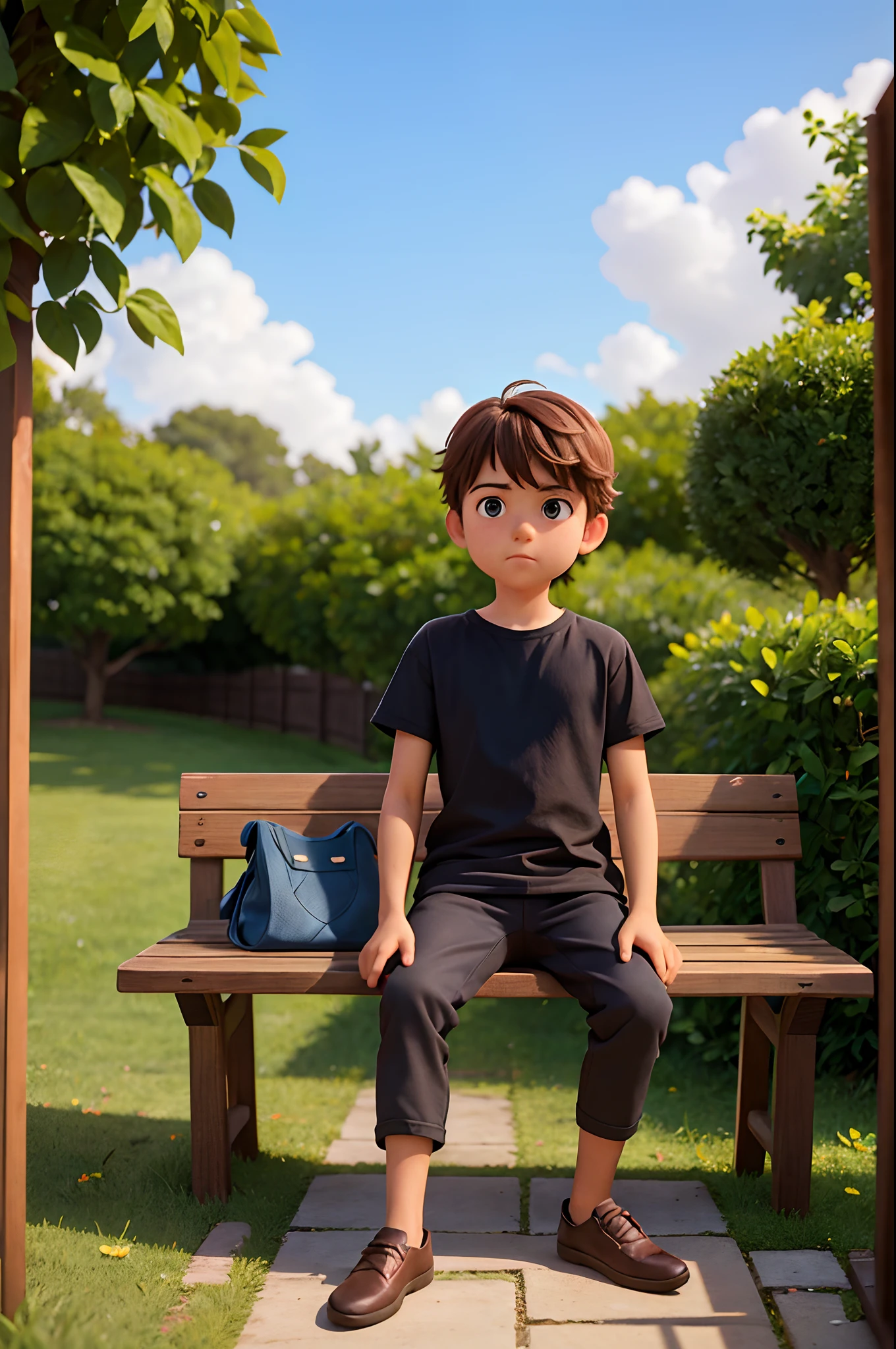 The image features a young boy sitting on a wooden bench, which is located near a fence. The boy is wearing a black shirt and appears to be looking at the camera. The bench is positioned in the middle of the scene, with the fence extending to the left and right sides of the image. The boy's posture and the presence of the bench suggest that this could be a park or a similar outdoor setting.Gere essa imagem no estilo de anima