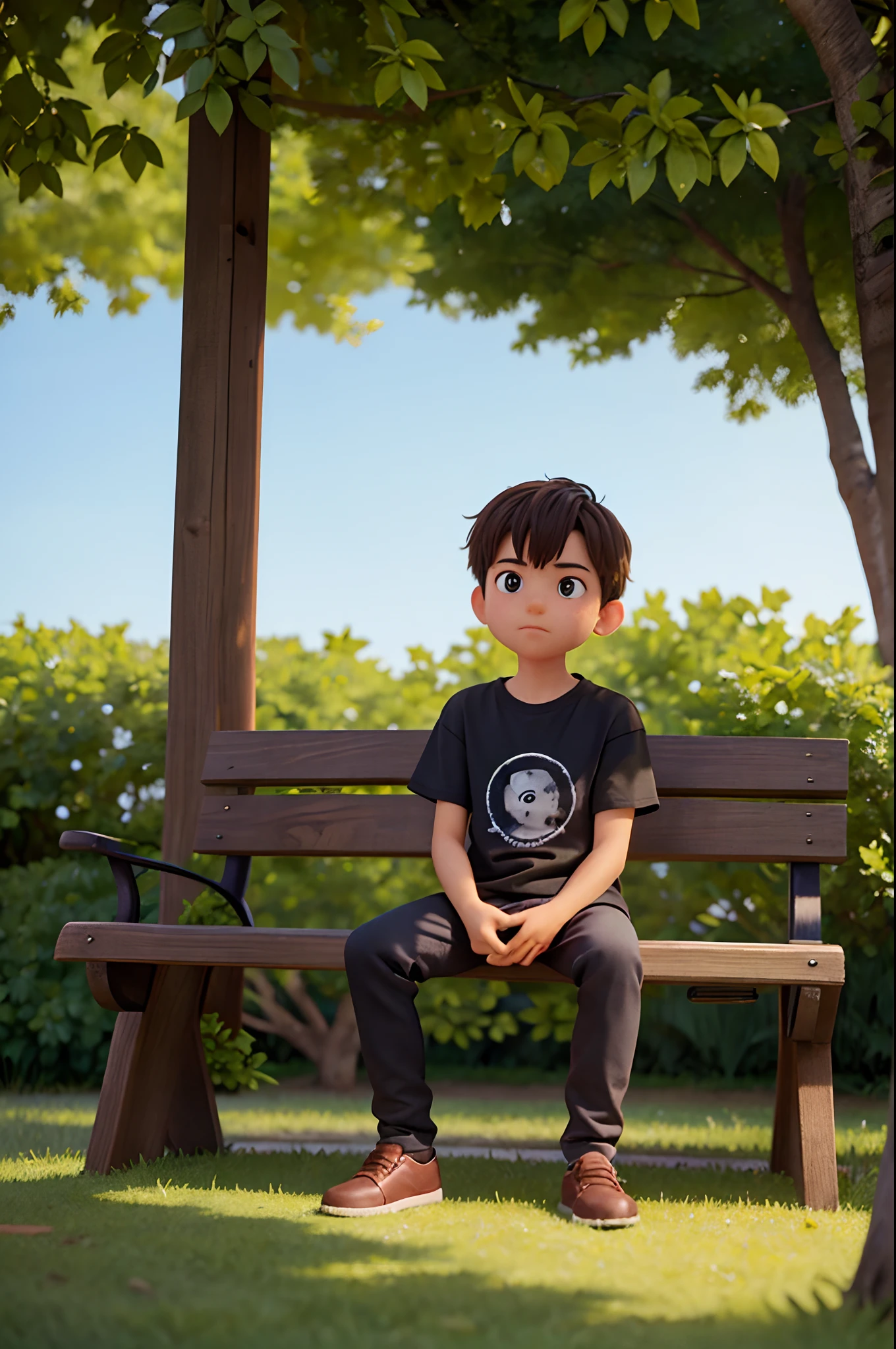 There is a cartoon boy sitting on a bench in the park - SeaArt AI