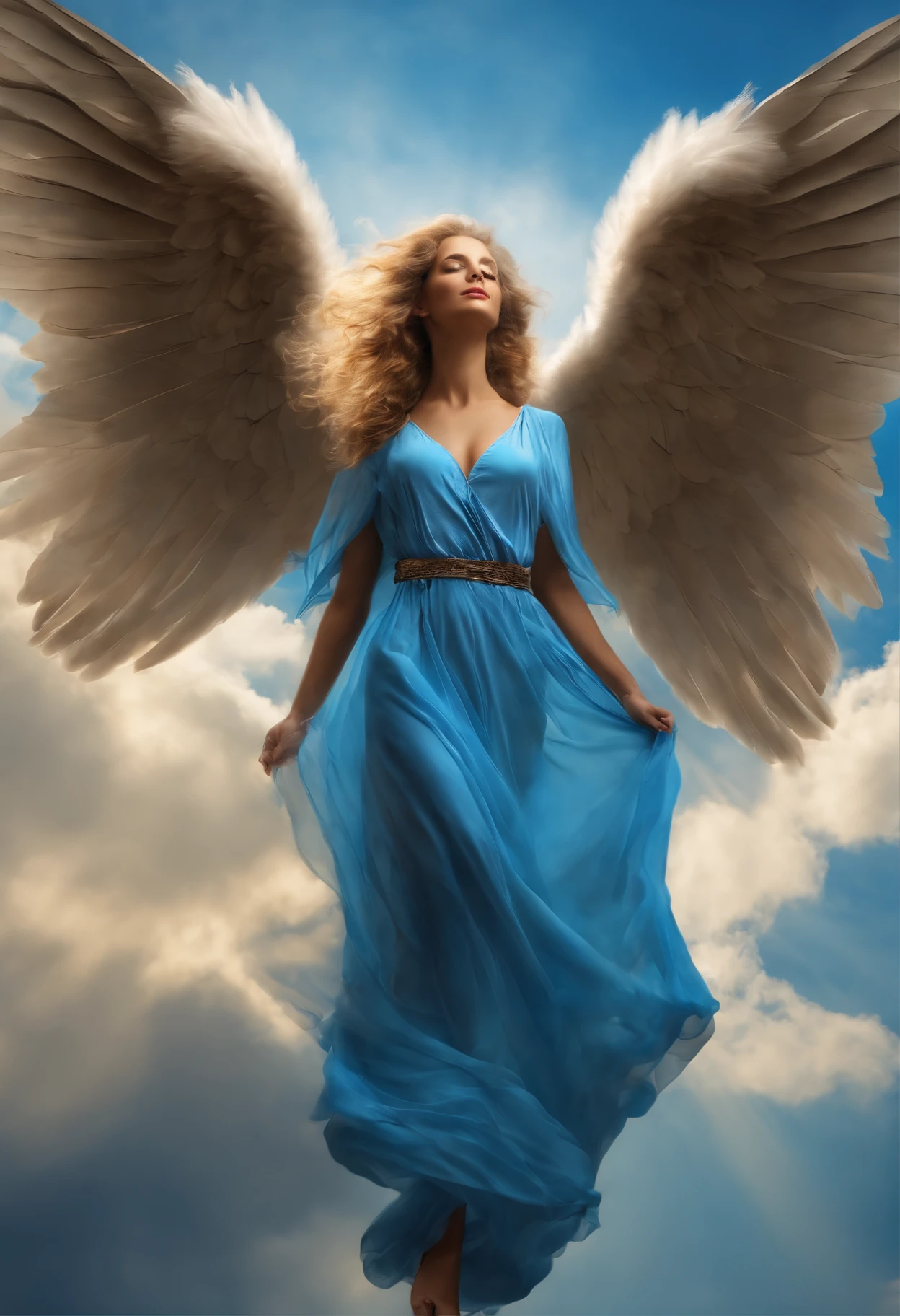 Angel wanting to fly to the sky with beautiful wings spread in a beautiful blue sky, cabelos dos anjo voando soltos ao vento, cabelos dourados, anjo resplandecente, Angel Heading Towards Heaven, imagem hiper realista, qualidade HD, realismo, 10K, Beautiful realistic blue sky, rosto perfeito da anja, anjo sorrindo, cabelos longos dourados realista.