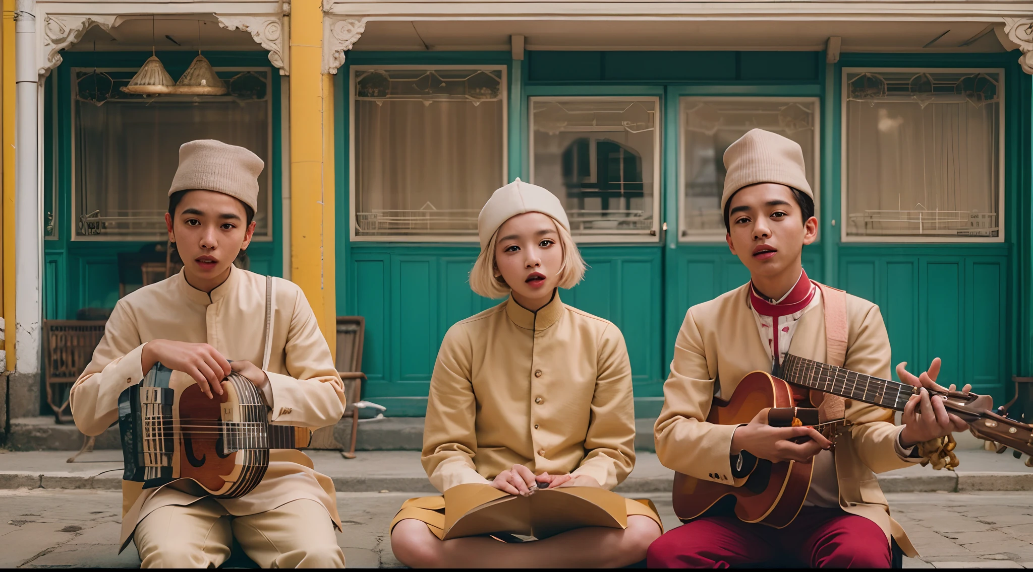 A photograph of three malay friends playing music on the street, 2 boy and 1 girl, in the style of Grand Budapest Hotel directed by Wes Anderson , 50mm lense, handheld shot camera angle, High Contrast cinematography effect, Natural Lighting, vibrant color grading, high quality, ultra detail, 8k resolution,